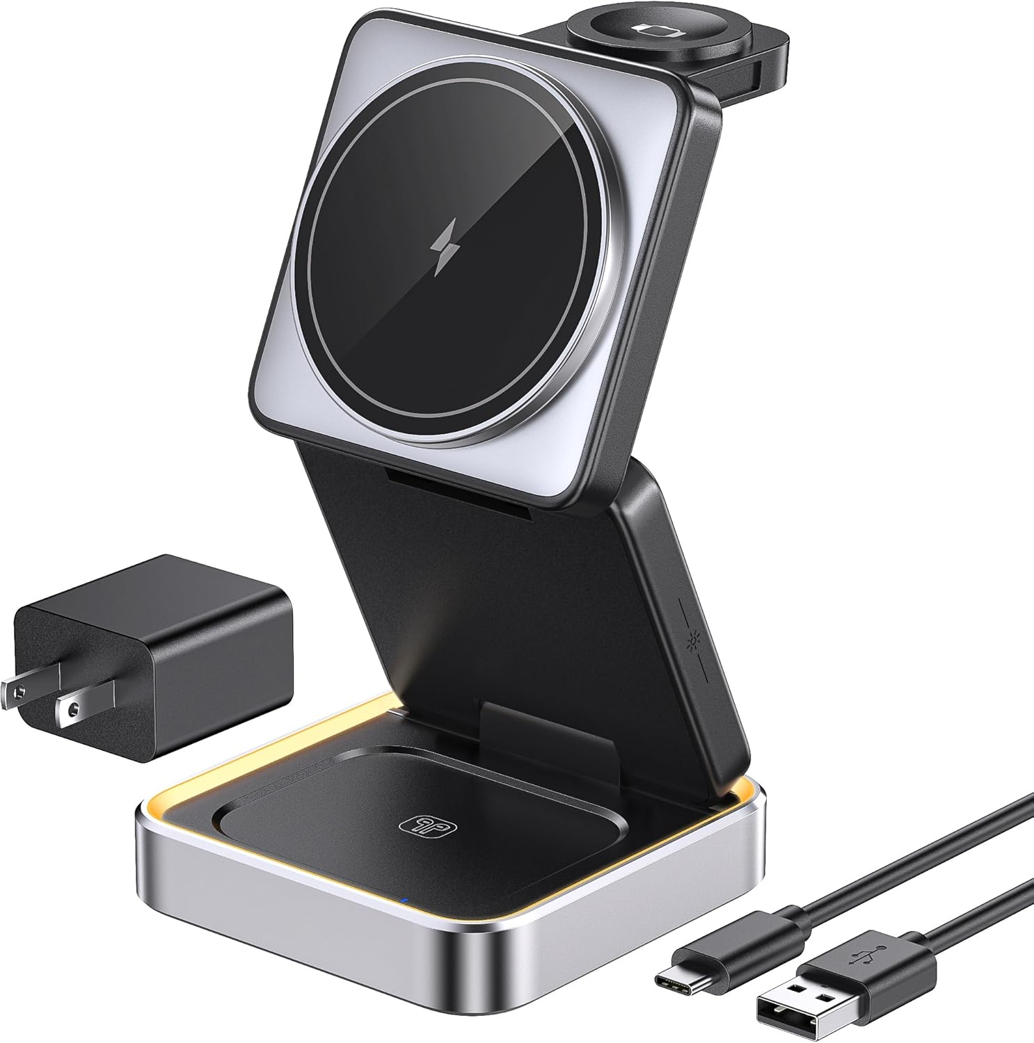 【2025 Upgraded】Magnetic Wireless Charger 3 in 1, Travel Foldable Wireless Charging Station with Night Light for Apple Magsafe Charger, Nightstand Fast 15W Charging Station (20W Adapter)