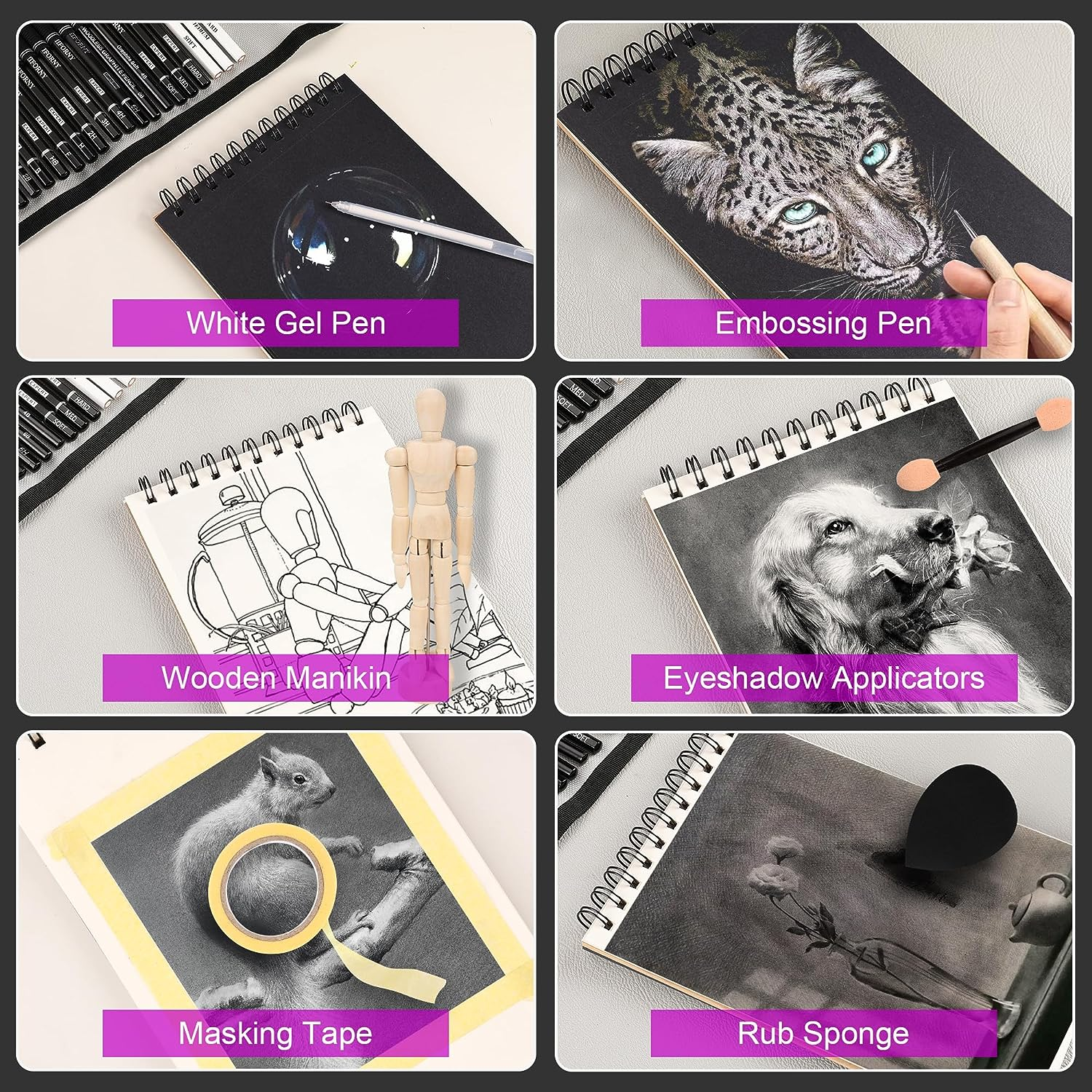 HIFORNY 70 Pcs Drawing Set Sketching Kit - Sketch Pencils Art Supplies for Adults Artists Kids with 3-Color Sketchbook,Graphite,Pastel,Charcoal Pencils,Blending Tools image number 5