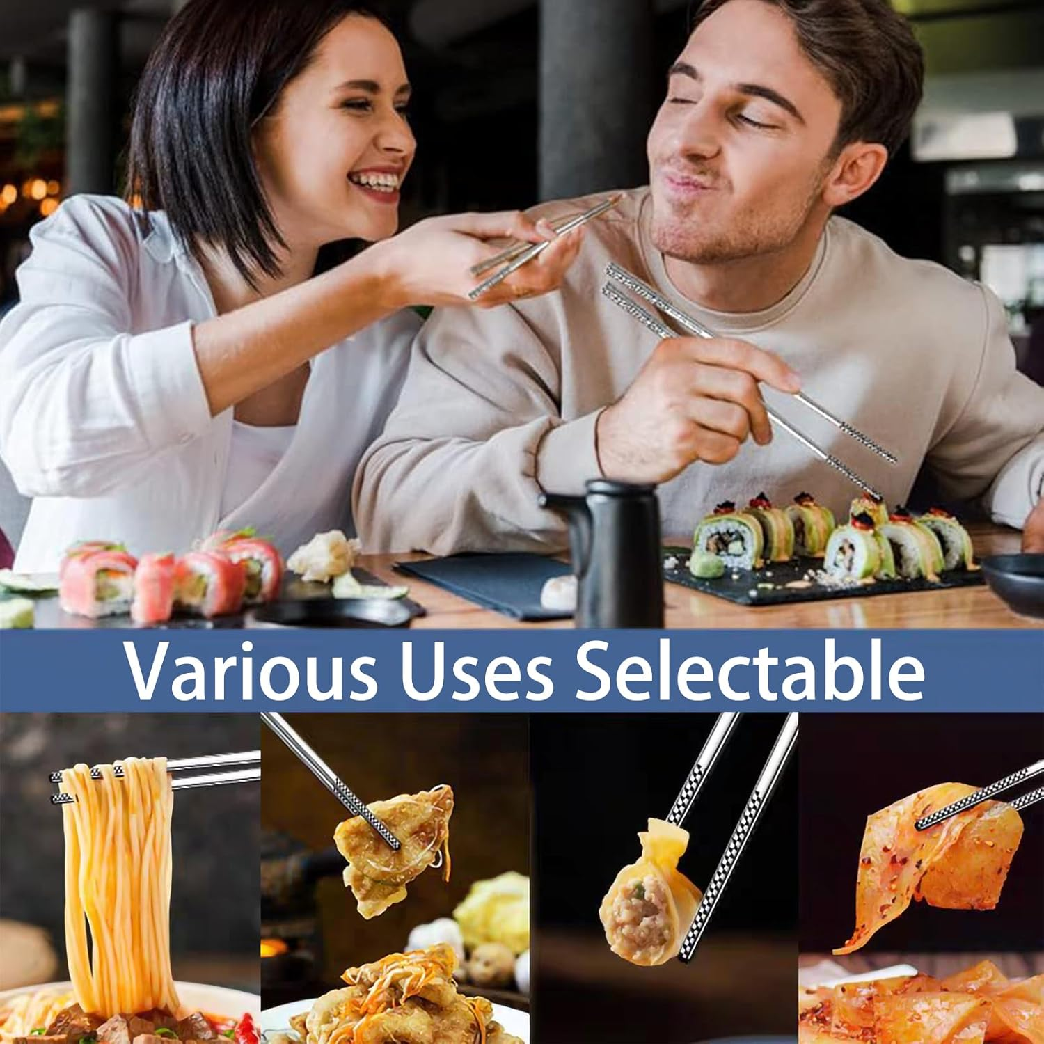 5 Pairs Stainless Steel Chopsticks - Reusable, Dishwasher Safe, Square, Lightweight, Laser Engraved, Non-Slip - 304 Metal Chop Sticks image number 5