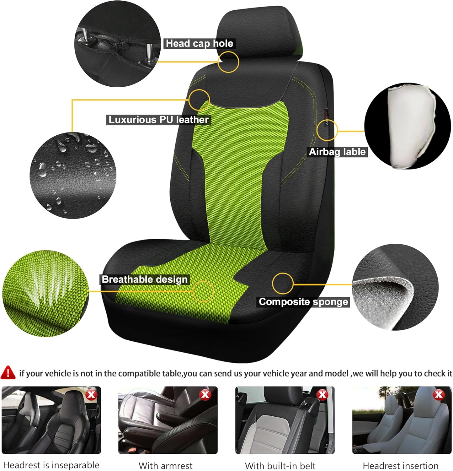 CAR-GRAND Leather Car Seat Covers Full Set, Airbag Compatible Breathable Air Mesh Car Seat Covers, Universal Fit Seat Covers Protector for Cars Trucks SUV Pick-Up Sedan Interior (Green) image number 4