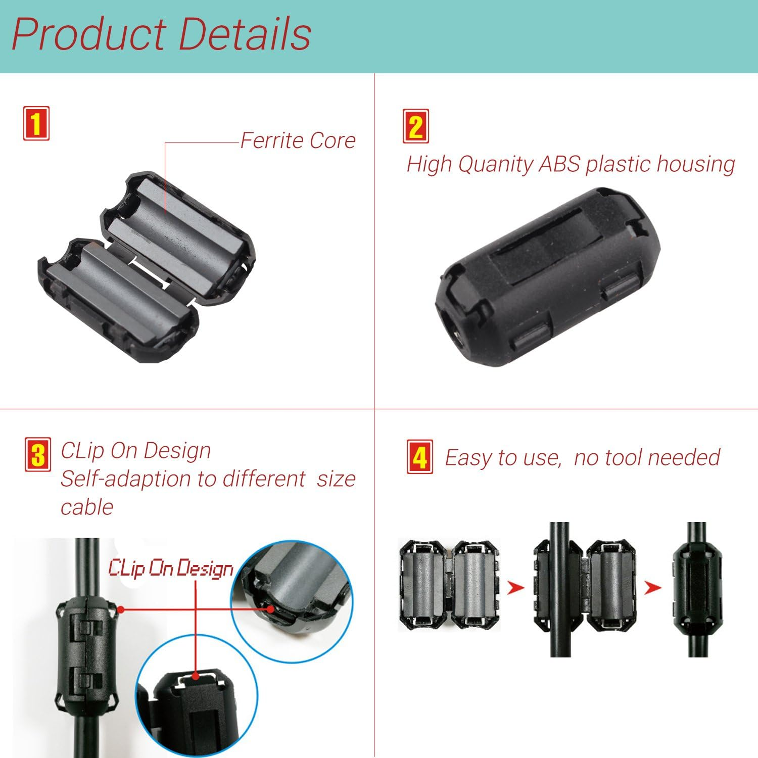 10PCS Noise Filter Cable Ring, Snap on Ferrite Ring Core Anti-Interference Bead Choke Ring Cord RFI EMI Noise Suppressor High-Frequency Filter with 13Mm Inner Diameter Ferrite Cable Clip Black image number 2