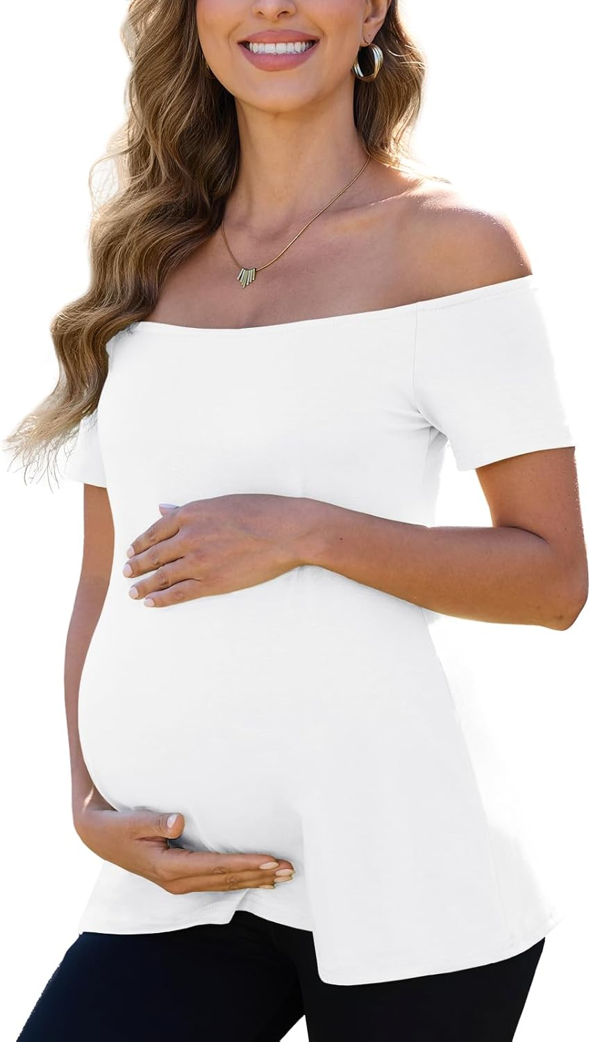 Women'S off the Shoulder Maternity Tops 2025 Trendy Summer Short Sleeve T Shirts Slim Pregnancy Shirts image number 1