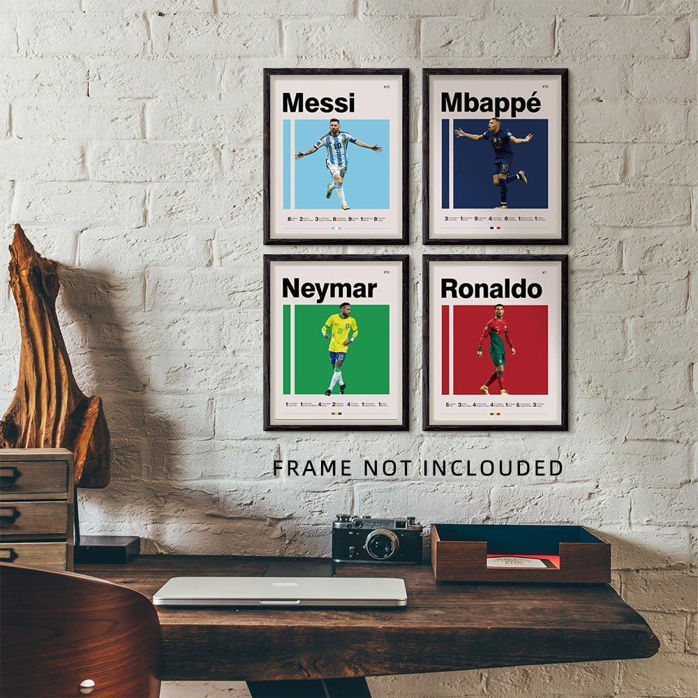 A ART&middot;ZONE Soccer Posters 8X10 Inch Canvas Prints Unframed Set of 4 - Messi, Ronaldo, Mbape and Neymar Famous Football Superstar Poster Sports Decor for Boys Bedroom Wall Art image number 2