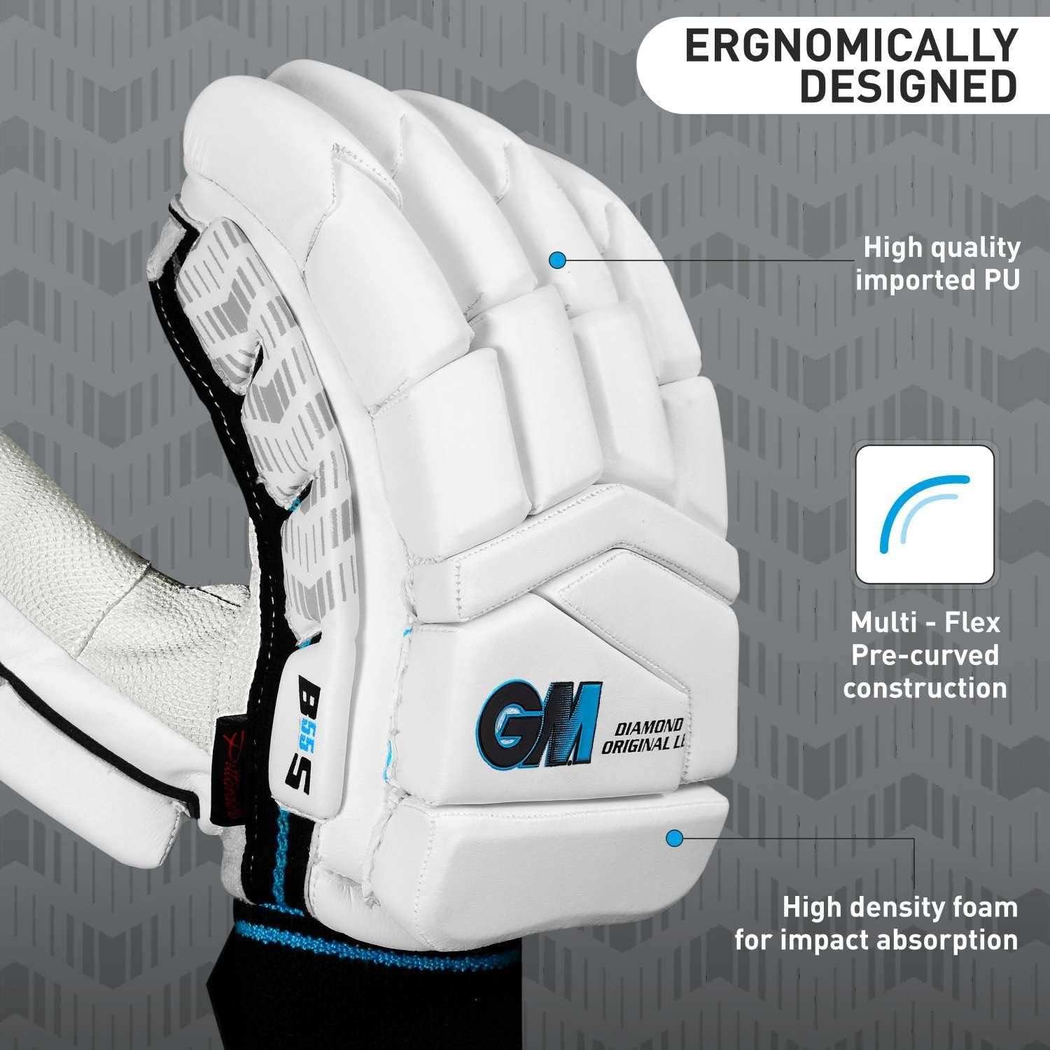 GM Diamond Original L.E Cricket Batting Gloves with English Pittard Leather Palm for Men Left Handed | Ergonomically Designed | Highest Protection | Utmost Comfort | Colour: White/Black/Blue image number 1