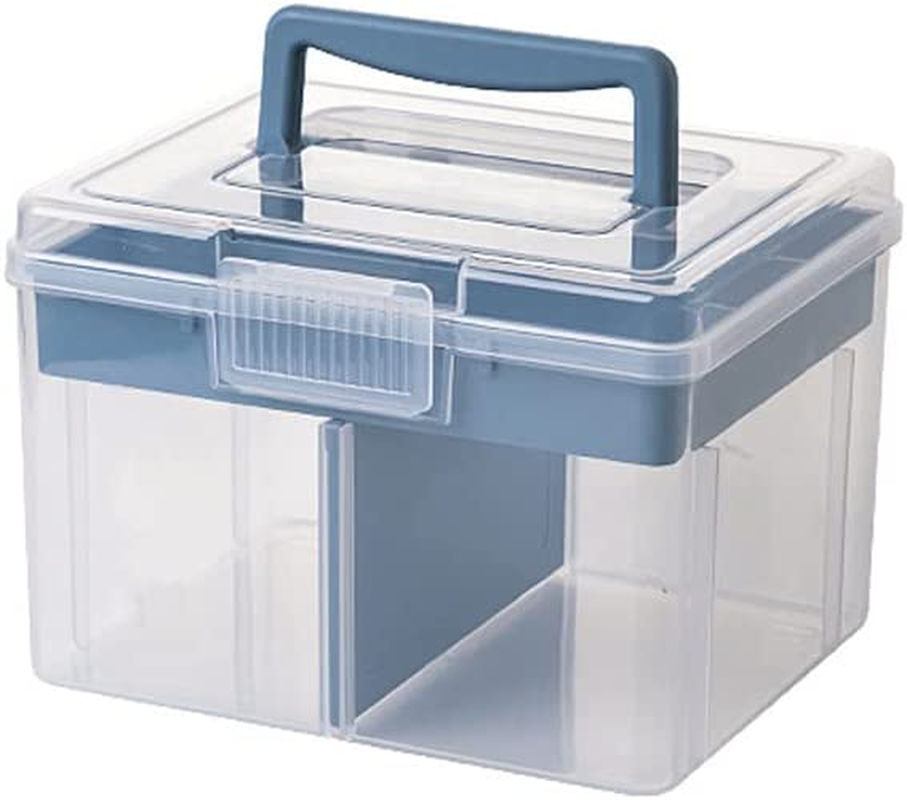 FOREVERIE Clear Small Plastic Storage Box with Handle & a Removable Tray & Adjustable Divider, Kids Students Children Art Box, Desk Organiser Case, Medicine Storage Box (Clear & Ocean Blue)