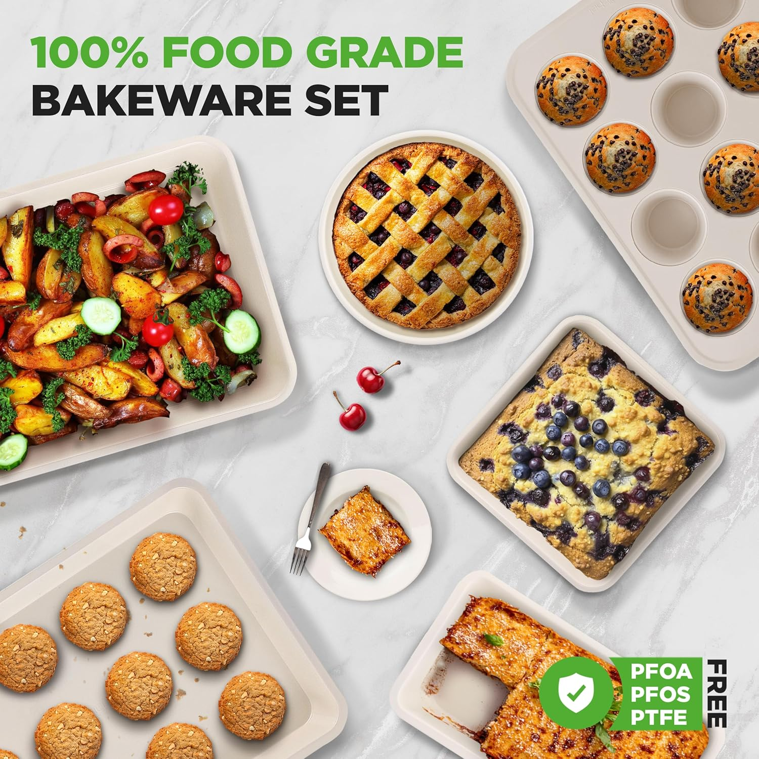 Nutrichef 6-Pcs Kitchen Oven Baking Pans - Non-Stick Baking Sheets Set, Attractive Green Pans & White inside Pan, Quality Kitchenware for Cooking & Baking Cake Loaf, Muffins & More image number 3