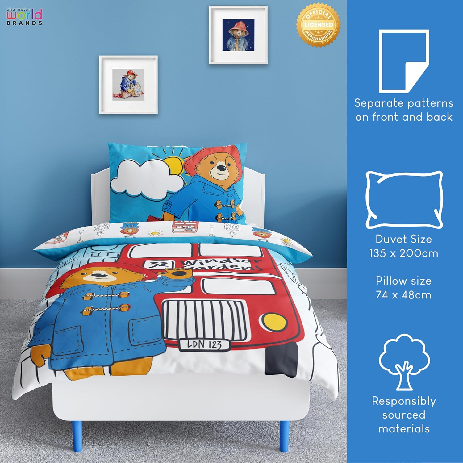 Character World Official Paddington Bear&trade; Single Duvet Cover Set | 2 Sided Reversible Station Design | Matching Pillowcase | Single Bed Set | White and Blue, Polycotton image number 1