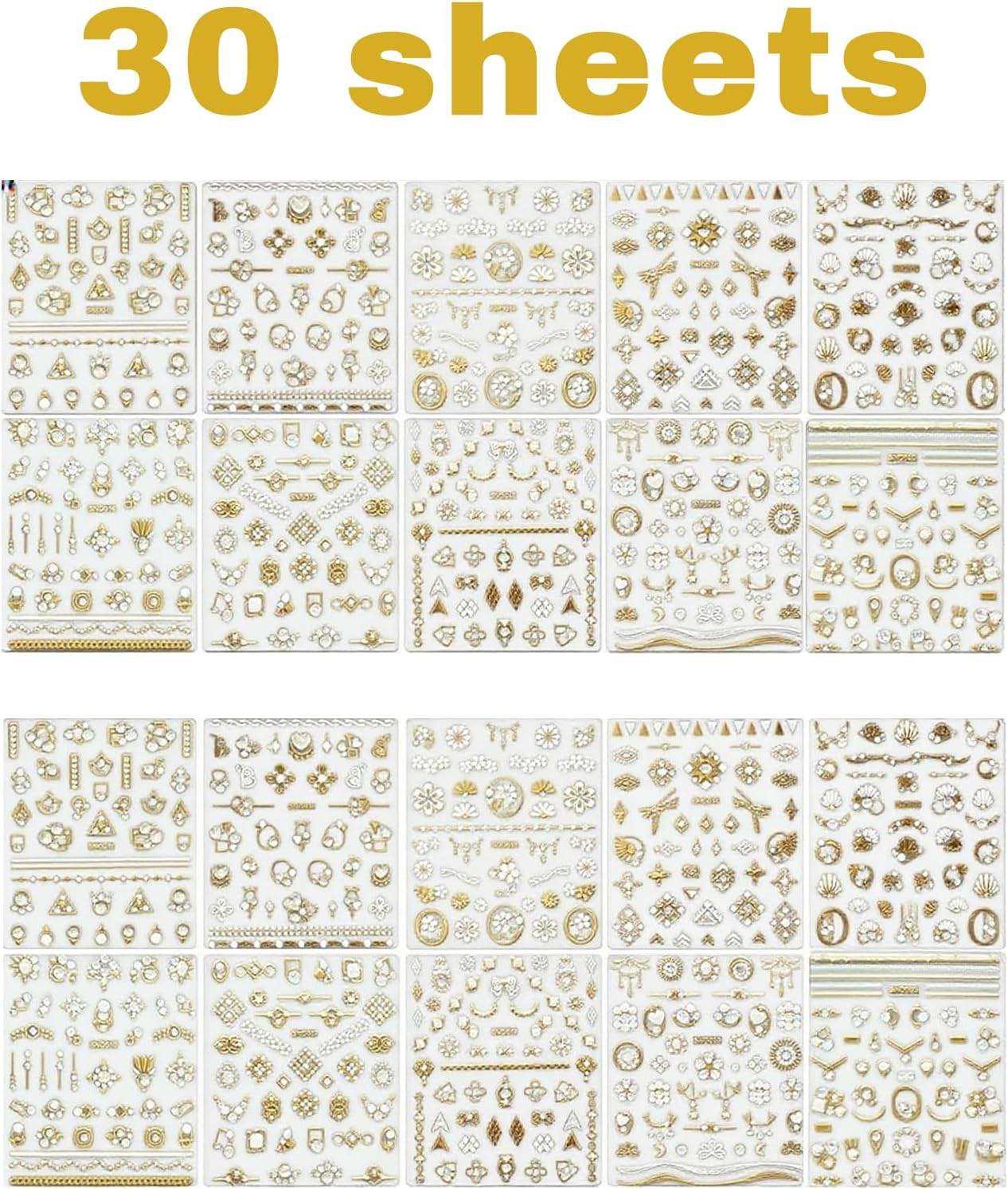 30Sheets Gold Star Nail Art Stickers,3D Self - Adhesive Nail Decals for Acrylic Nails,Gold Leaf Diamond Nail Supplies with Flower Fairy for Women Girls image number 2