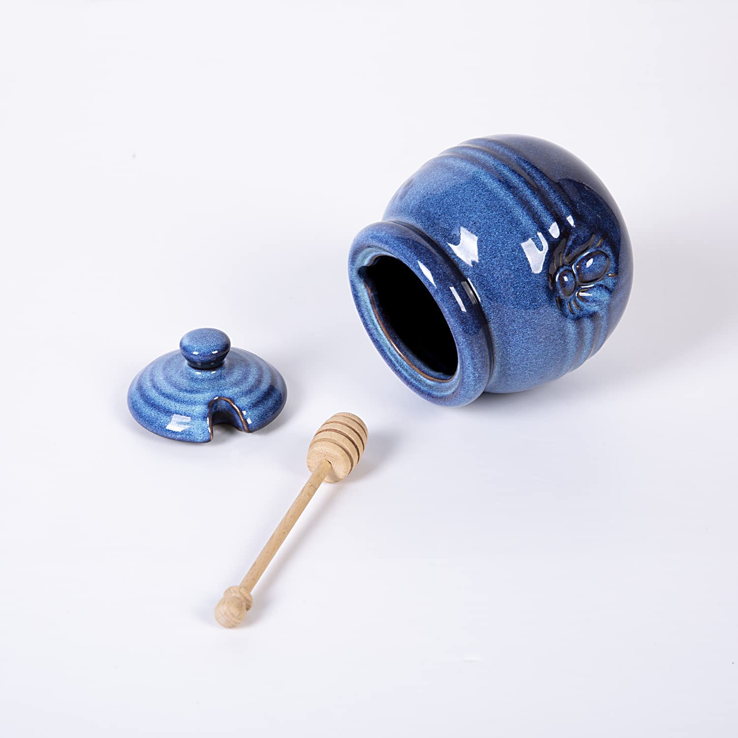 Cutiset Ceramic Honey Pot with Lid and Dipper, 20Oz Rustic Honey Jar (Blue) image number 6