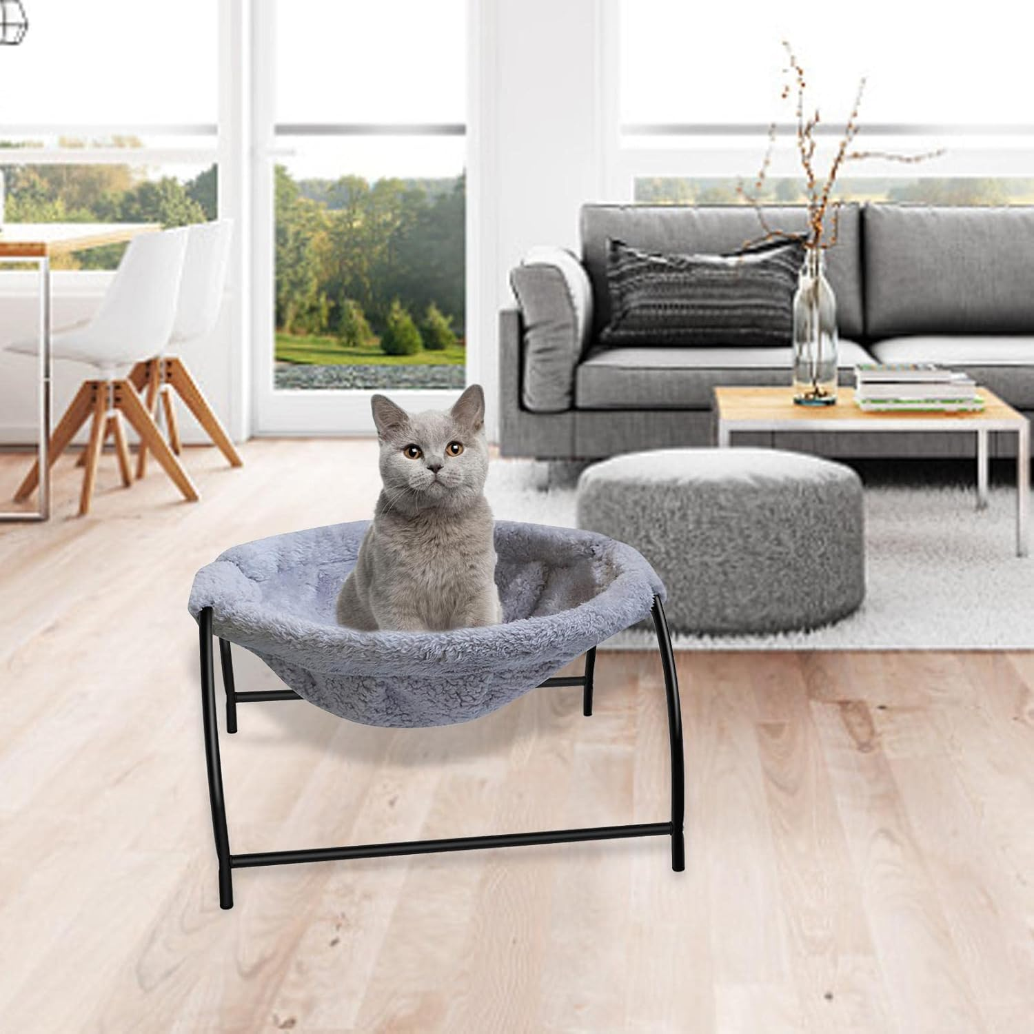 Cat Bed Hammock, Removable and Washable Freestanding Cat Sleeping Cat Bed Hammock Soft Plush Bed Raised Pet Bed for Indoor and Outdoor Use Pet Chair for Kitten Puppies (Color : Grey) image number 4