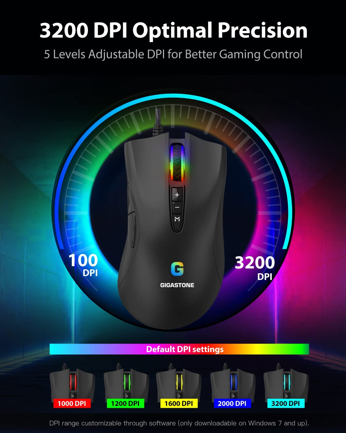 Gigastone Gaming Mouse up to 3200 DPI Adjustable, Wired Gaming Mouse with Customizable RGB Backlight, 8 Programmable Buttons, 256KB Onboard Memory, Most Suitable for Windows 7 and Up image number 6