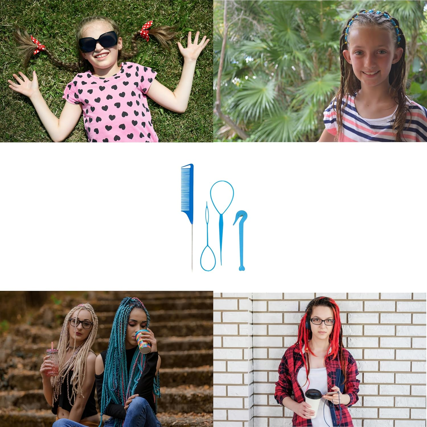 4 Piece Hair Braiding Tool Kit Professional Hair Styling Set for Perfect Braids, Includes Hook, Comb, Clips, and Accessories Ideal for Beginners and Expert (Blue) image number 6