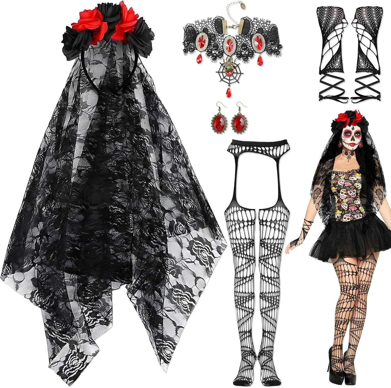 Piinroon Day of the Dead Headband, 5 Pcs Day of the Dead Costume, Halloween Headband Necklace Earrings Gloves Socks for Women image number 5