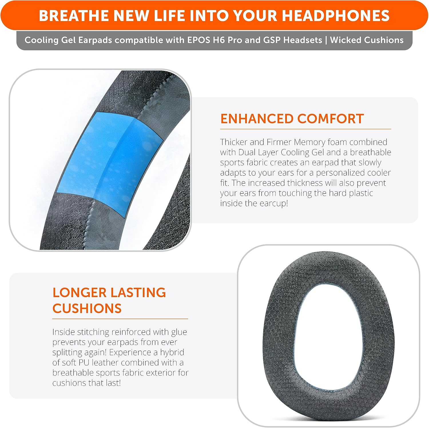 WC Freeze EPOS H6 Pro - Cooling Gel Earpads for EPOS H6 Pro/Sennheiser GSP 600 / GSP500 / GSP550 / GSP670, Made by Wicked Cushions - Enhance Comfort, Durability, Thickness | Black Camo - Black image number 5