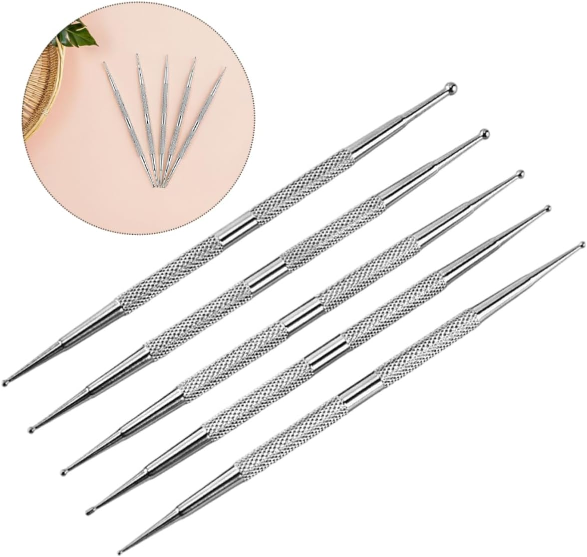 HEATSHAKING 5Pcs Nail Art Drill Pen Nail Art Tools Dot Paint Manicure Kit for Rhinestones Dual Tip Stainless Steel Silver