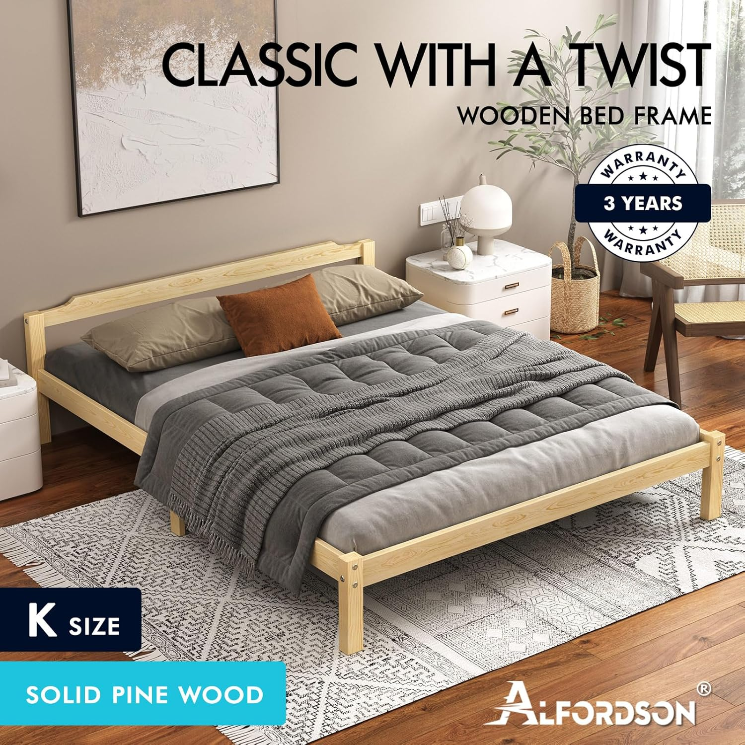 ALFORDSON King Bed Frame Wooden Bed Base with Solid Wood Pine Timber Slats, Oak Bed Foundation Mattress Base Platform with Storage Space, Beatrix Series Bedroom Furniture image number 1