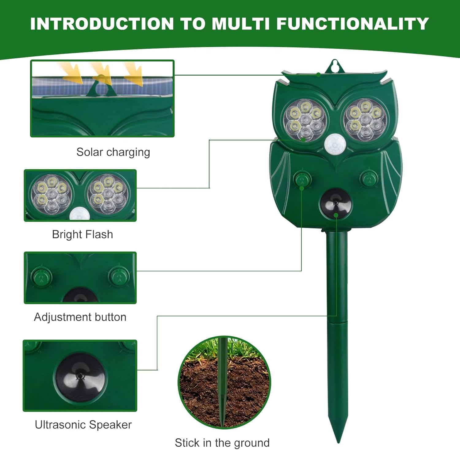 Ausale Solar Powered Animal Ultrasonic Repeller,5 Adjustable Frequencies and Modes, Bird Scarer，Outdoor Weatherproof Ultrasonic Repeller for Garden Frame Lawn (Light Green) image number 5