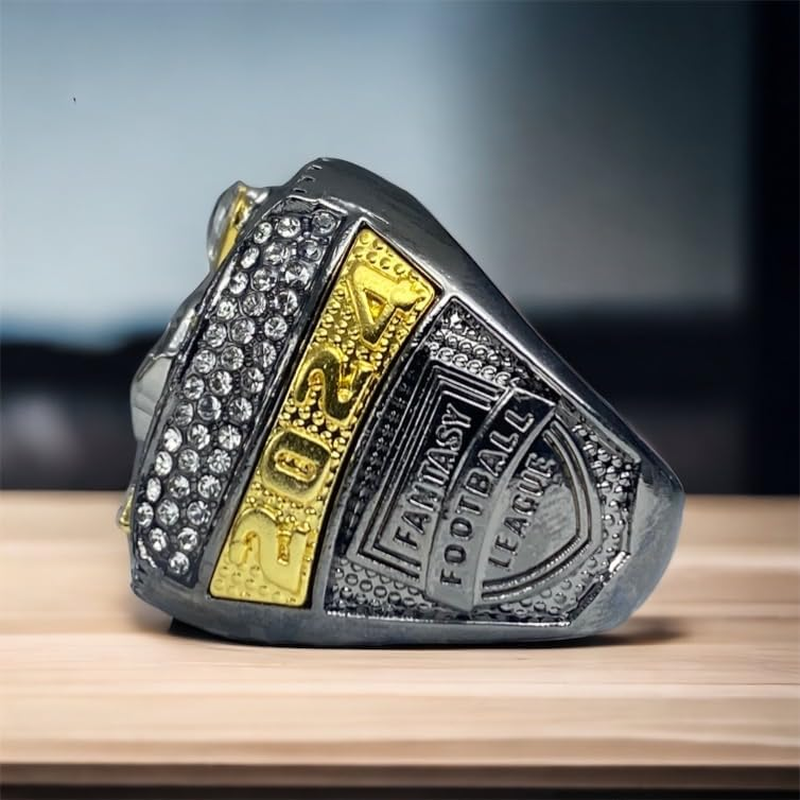 Legacy Rings 2024 Fantasy Football Championship Trophy Ring | Gunmetal and Gold Tone | Award for FFL Champion Size 11 - Dark Blue Stones image number 6