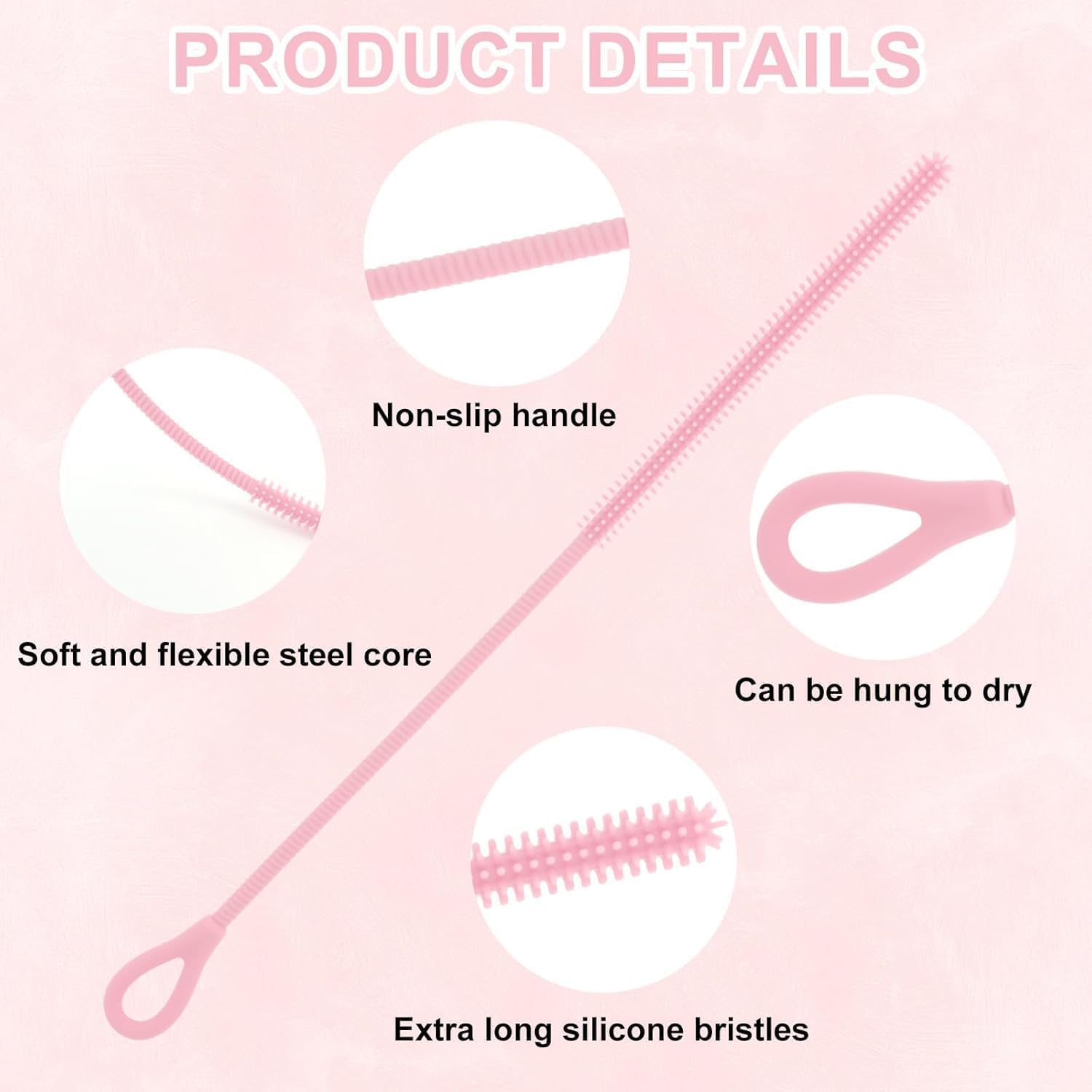 Silicone Straw Cleaner Brush Set - 3 PCS Extra Long Reusable Straw Brushes for Glass, Metal & Smoothie Straws - Food Grade Bpa-Free with Non-Slip Handle (3Mm+6Mm+9Mm, Pink) image number 3