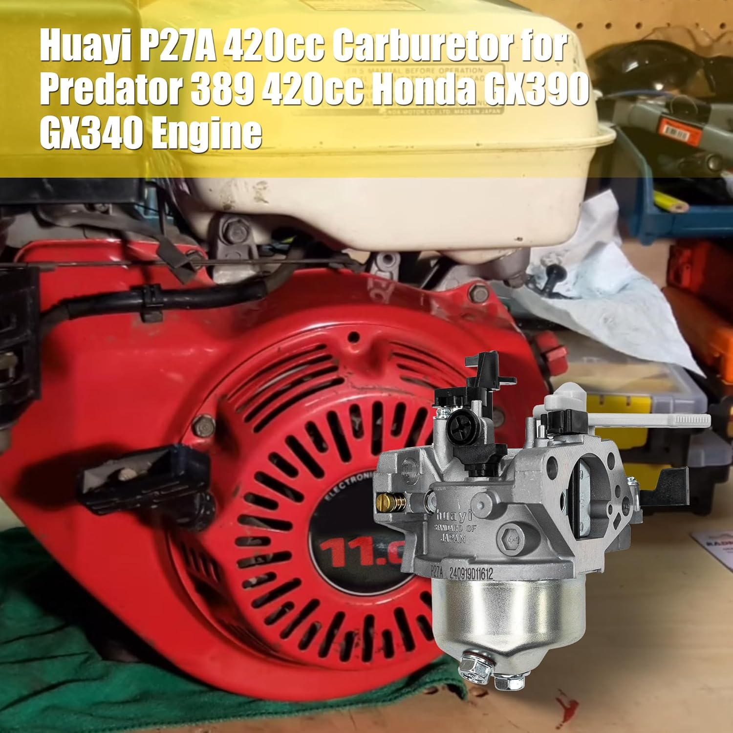 Fullas Huayi Carburetor P27A GX420 Carb with Gaskets Compatible with Honda GX420, Generac, Predatpr, Westing House, Pulsar, Champion 420CC 440CC 460CC 16HP 17HP 18HP Gas Motor Engine image number 1