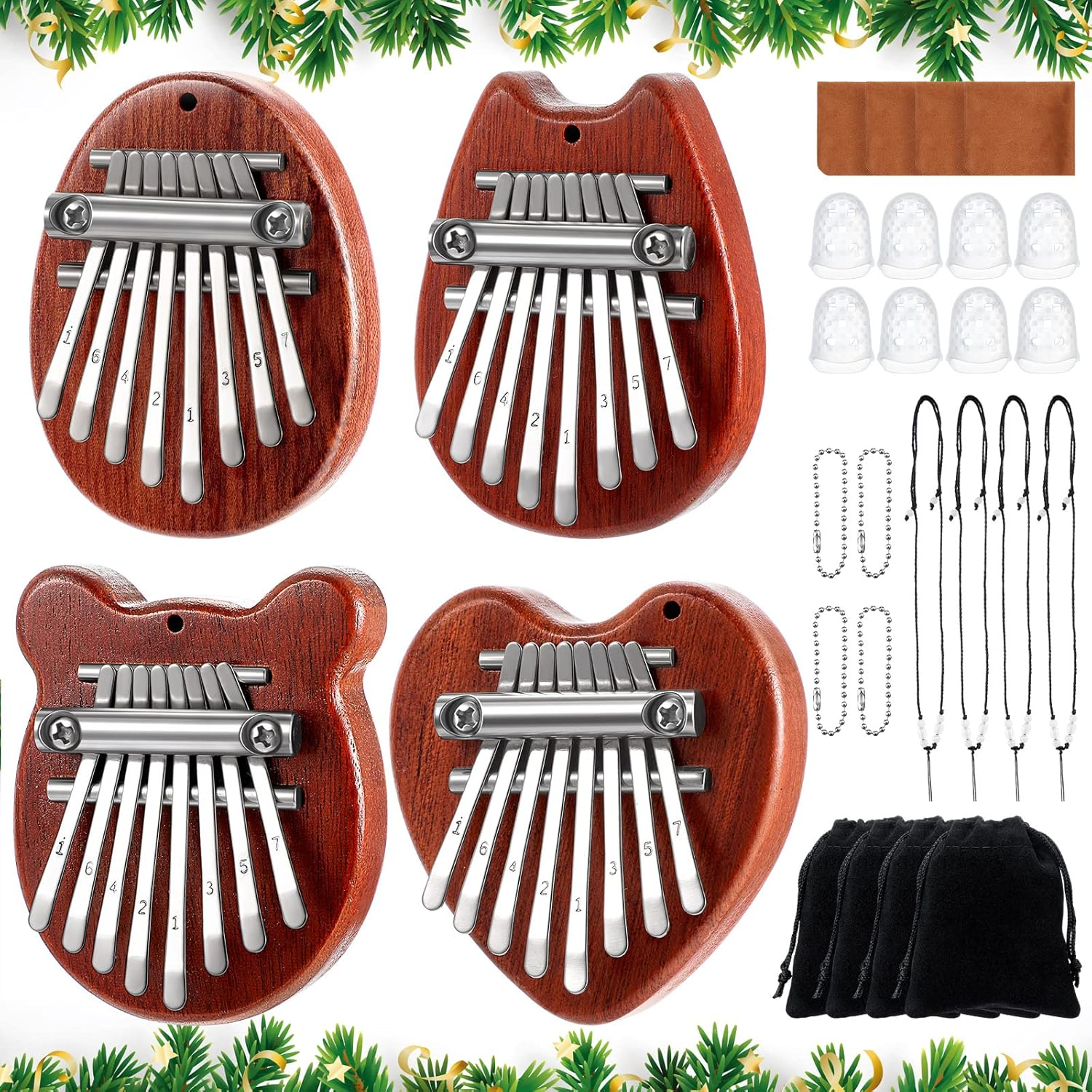 Konohan 24 Pcs 8 Keys Mini Kalimba Piano Set, Include 4 Mini Exquisite Finger Thumb Piano 4 Lanyard 4 Chains 8 Finger Protector 4 Cleaning Cloth for Kids Adults Beginners Gift (Cartoon Style)