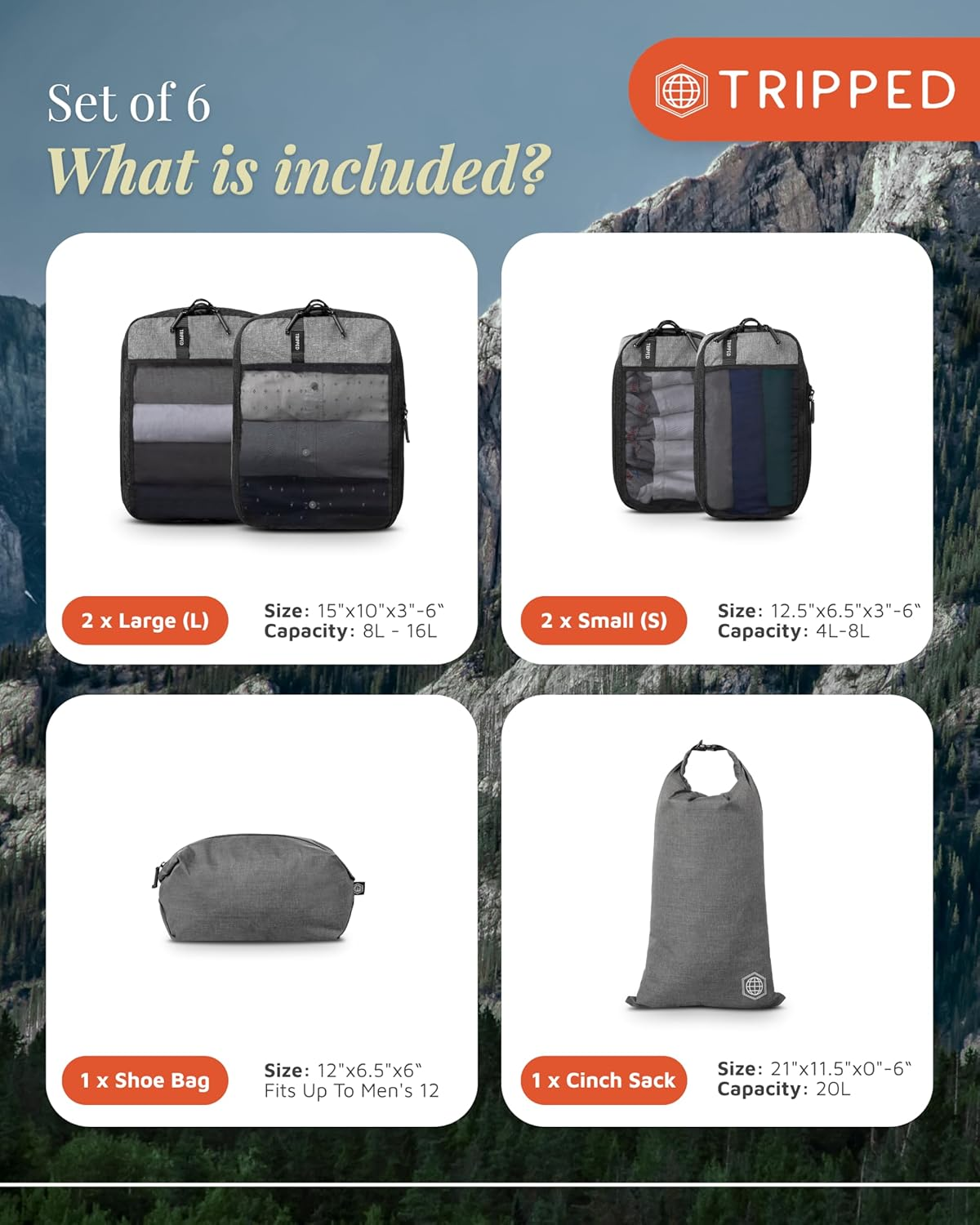 Premium Compression Packing Cubes for Travel, Compression Packaging Cube, Zip Bags Premium 6-Piece Set with Laundry Bag and Shoe Bag by TRIPPED Travel Gear (Grey Mesh) - Dusty Teal Mesh - 6 Piece image number 4