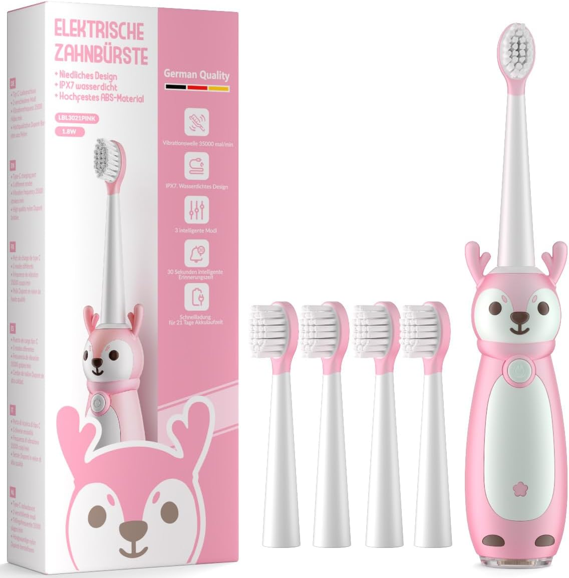 Kids Sonic Electric Toothbrush for Ages 3+, IPX7 Waterproof, 3 Smart Modes with Memory,Includes 4 Replacement Brush Heads, Pink