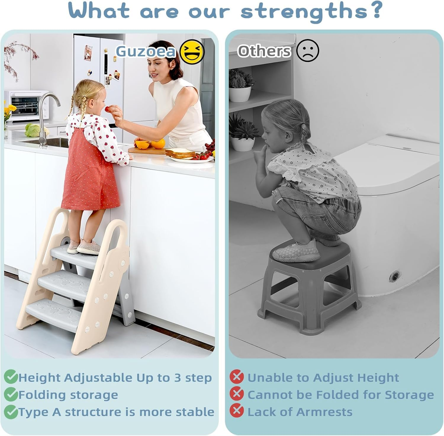 Foldable Step Stool for Bathroom Sink, Adjustable Kids 3 Step Stool for Toilet Potty Training Toddler Tower with Handles, Baby Child Kitchen Counter Stool Helper image number 1