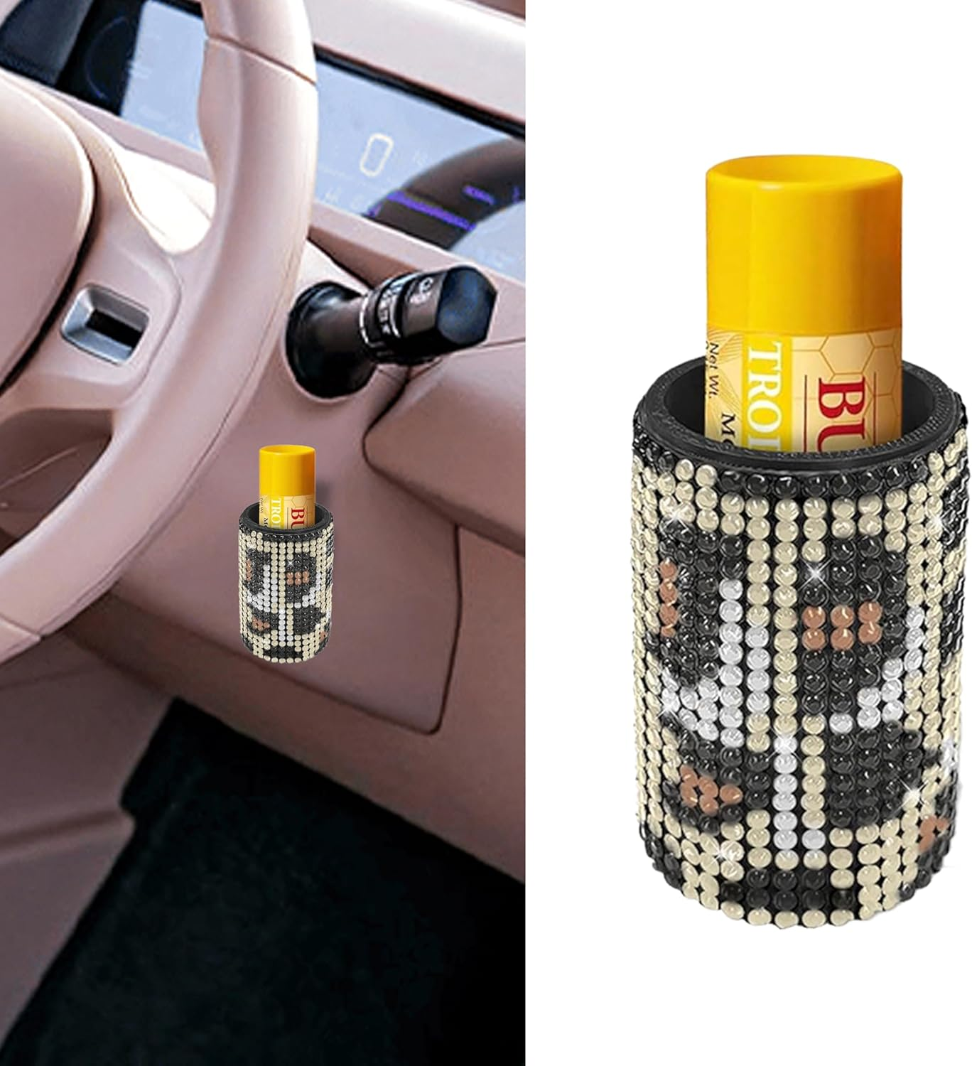 1 Pack Upright Car Chapstick Holder, Bling Lip Balm Holder,Rhinestone Car Interior Accessories for Women ,Suitable for Most Vehicles (Pink)