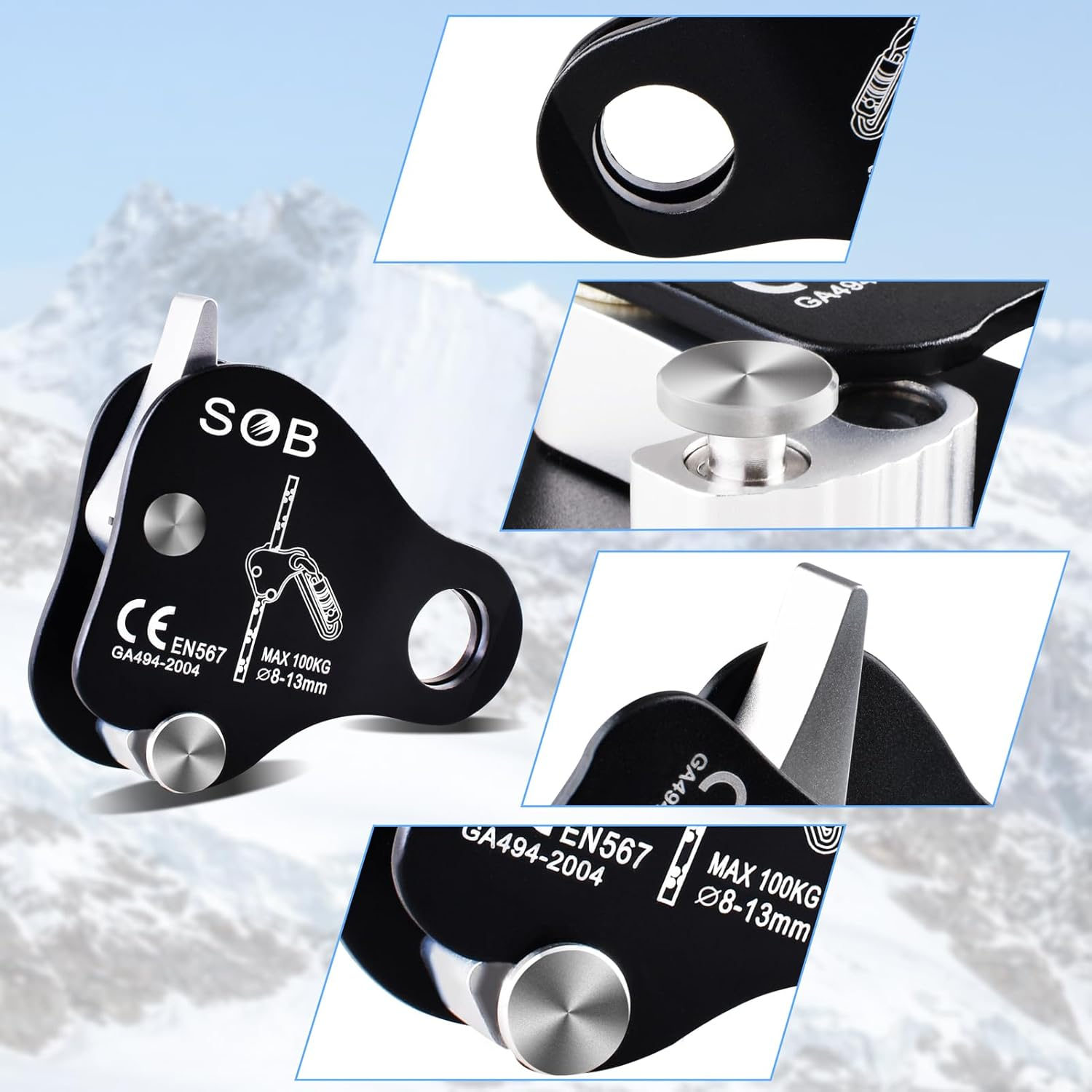 Azarxis Climbing Descender Ascender Belay Device Self Locking Fall Protection Rappel Equipment Rope Grip for 8-13Mm Rope for Rock Mountaineering Aerial Work Caving Rescue Tree Arborist - Blue image number 5