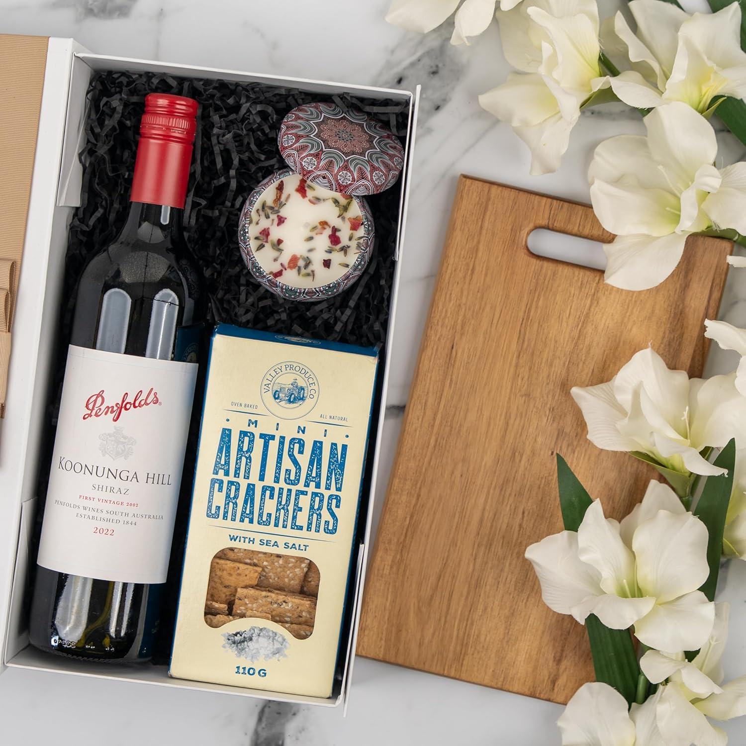 Luxury Wine & Gourmet Gift Hamper, Quality Shiraz, Artisan Crackers, Scented Candle, Small Serving Board, Perfect for Birthday or Thank You Gift image number 1