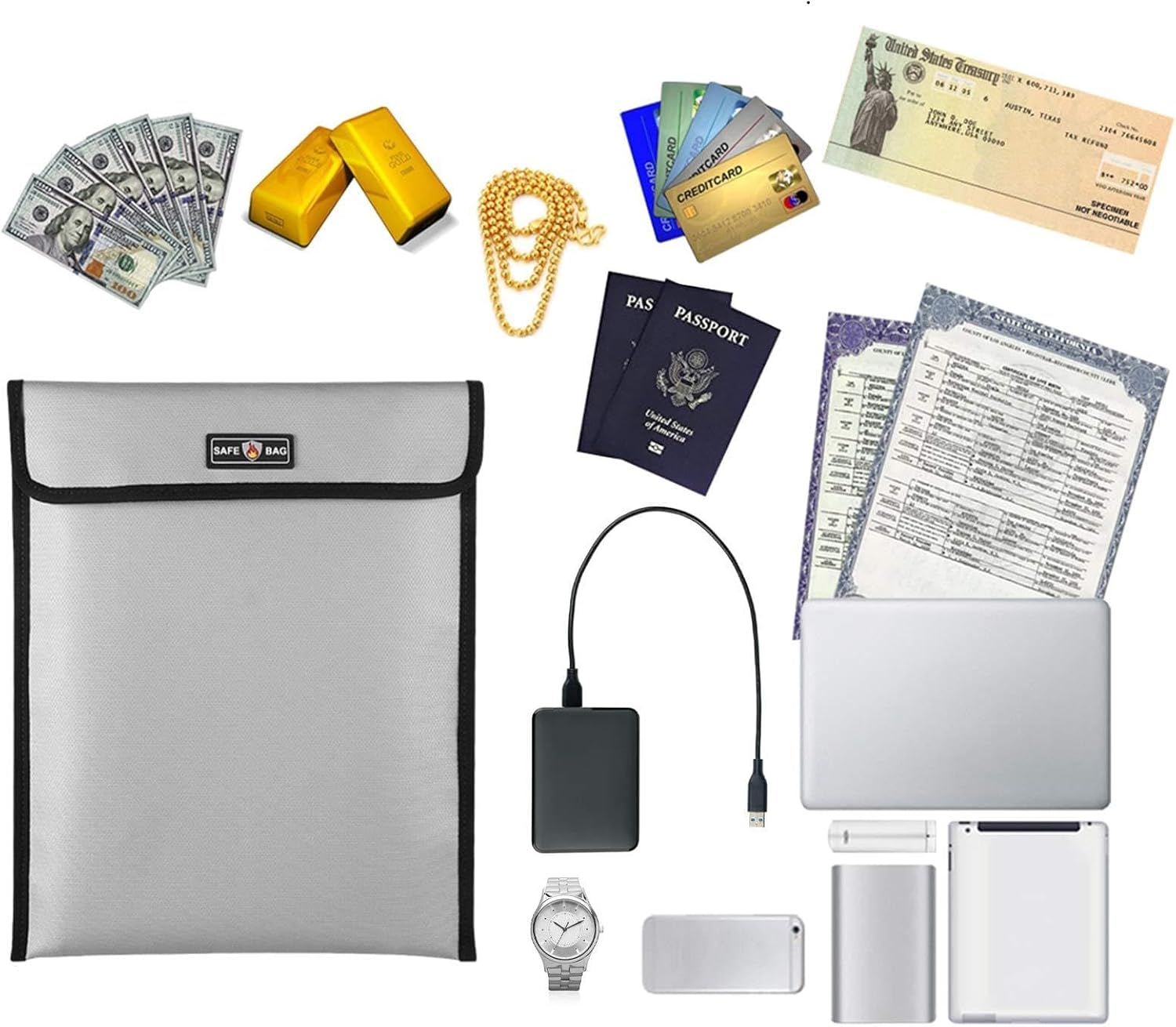 Fireproof Document Bag 13.4 10.8In Durable Safe Storage Pouch for Cash File Documents Jewelry Passport Valuables Black Silver Home Office Use (Black)