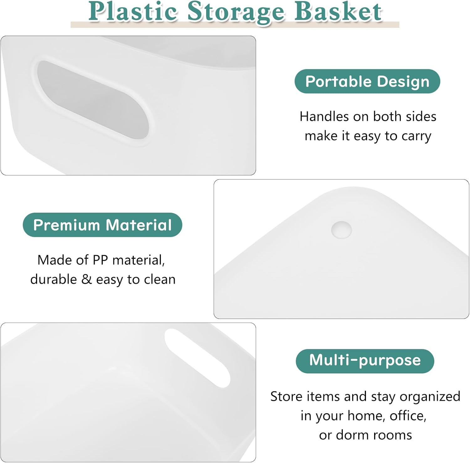 12 Pack Plastic Storage Baskets, Plastic Storage Bins with 3 Different Sizes, Home Kitchen Tidy Organiser with Handles for Kitchen Cupboard Office Bathroom Home (White) image number 5