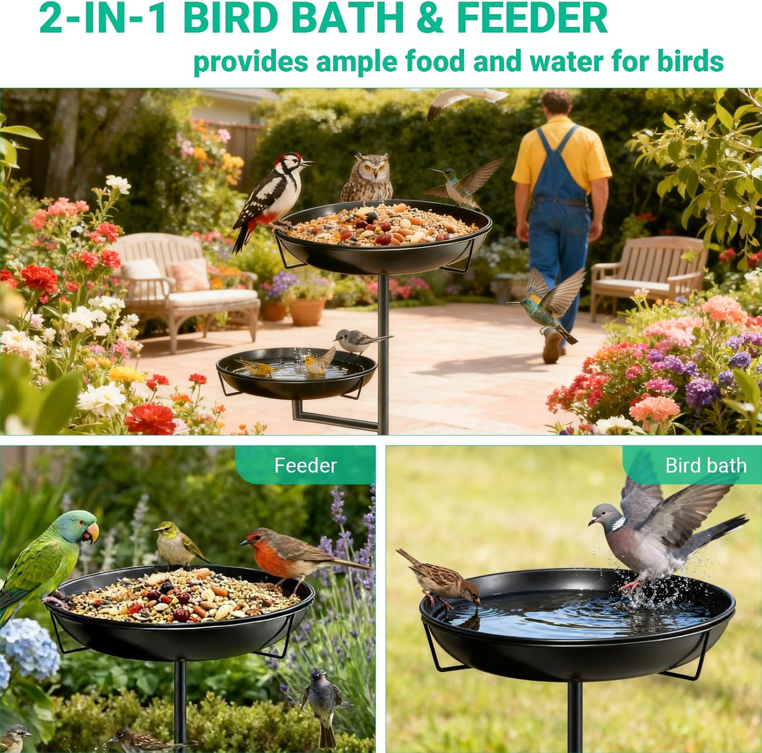 Freestanding Bird Feeder for Outside, Removable Metal Bird Bath with Double Bowls for Outdoors Garden Backyard Patio Yard Lawn Decor