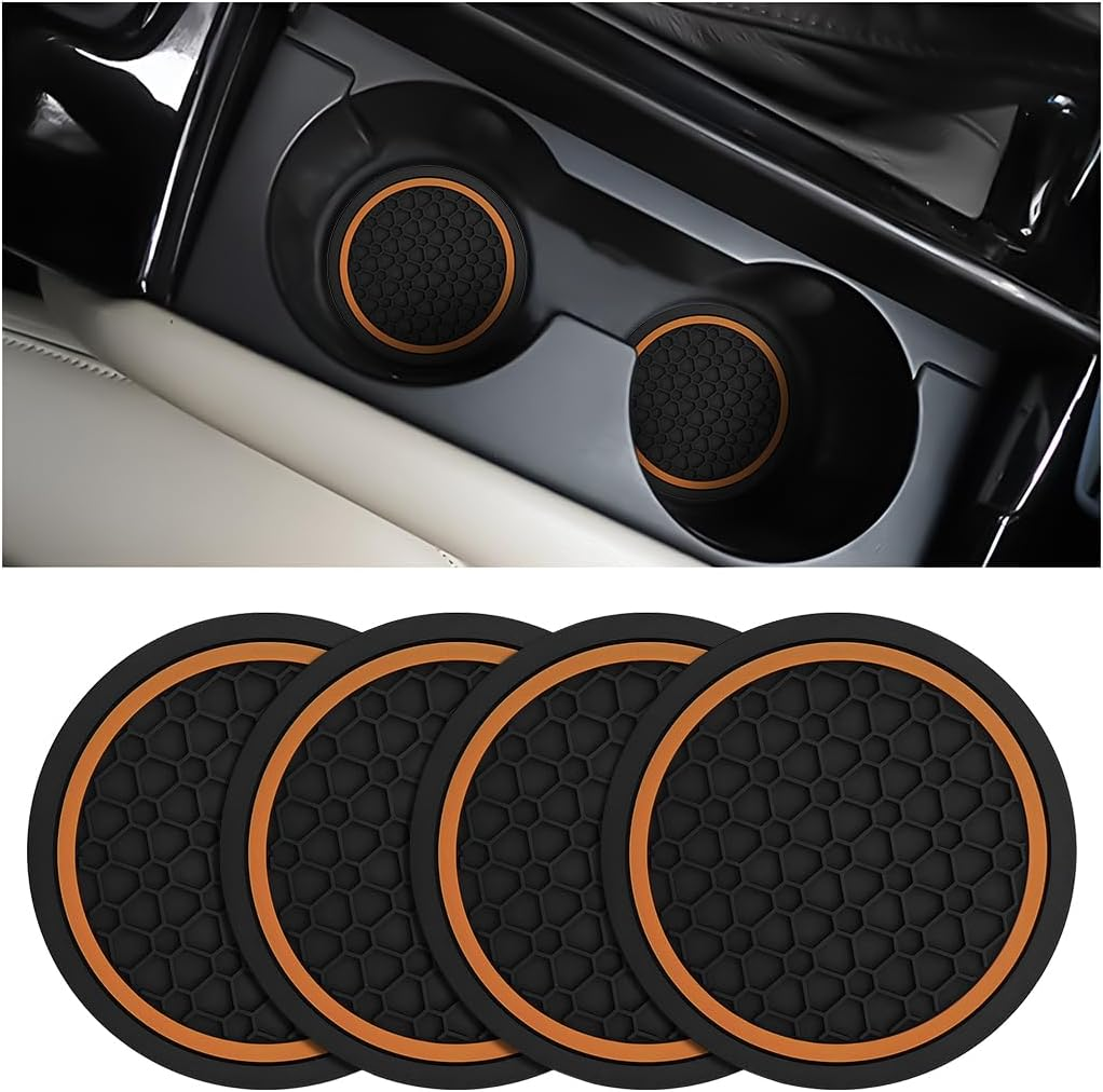Mandark 4PCS Car Cup Holder Coasters, 2.75 Inch Non-Slip Insert Water Bottle Holder Pads, Dustproof Automotive Interior Accessories Mat, Universal for Vehicles, Trucks, Rvs and More (Black/Orange) image number 6