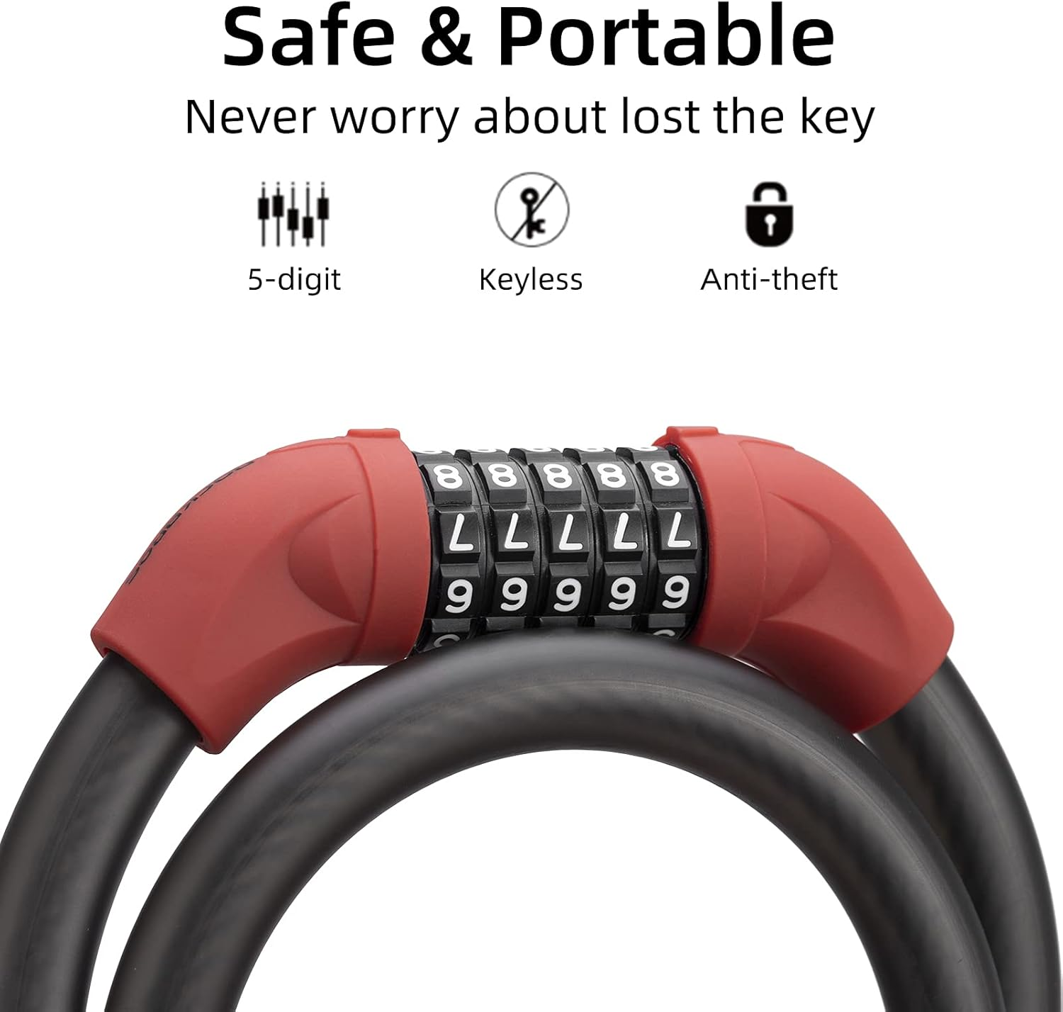 ROCKBROS Bike Lock Cable Combination Bike Lock 5 Digit Resettable Bicycle Cable Lock for Road Mountain Bike Motorcycle Scooters - Black image number 2