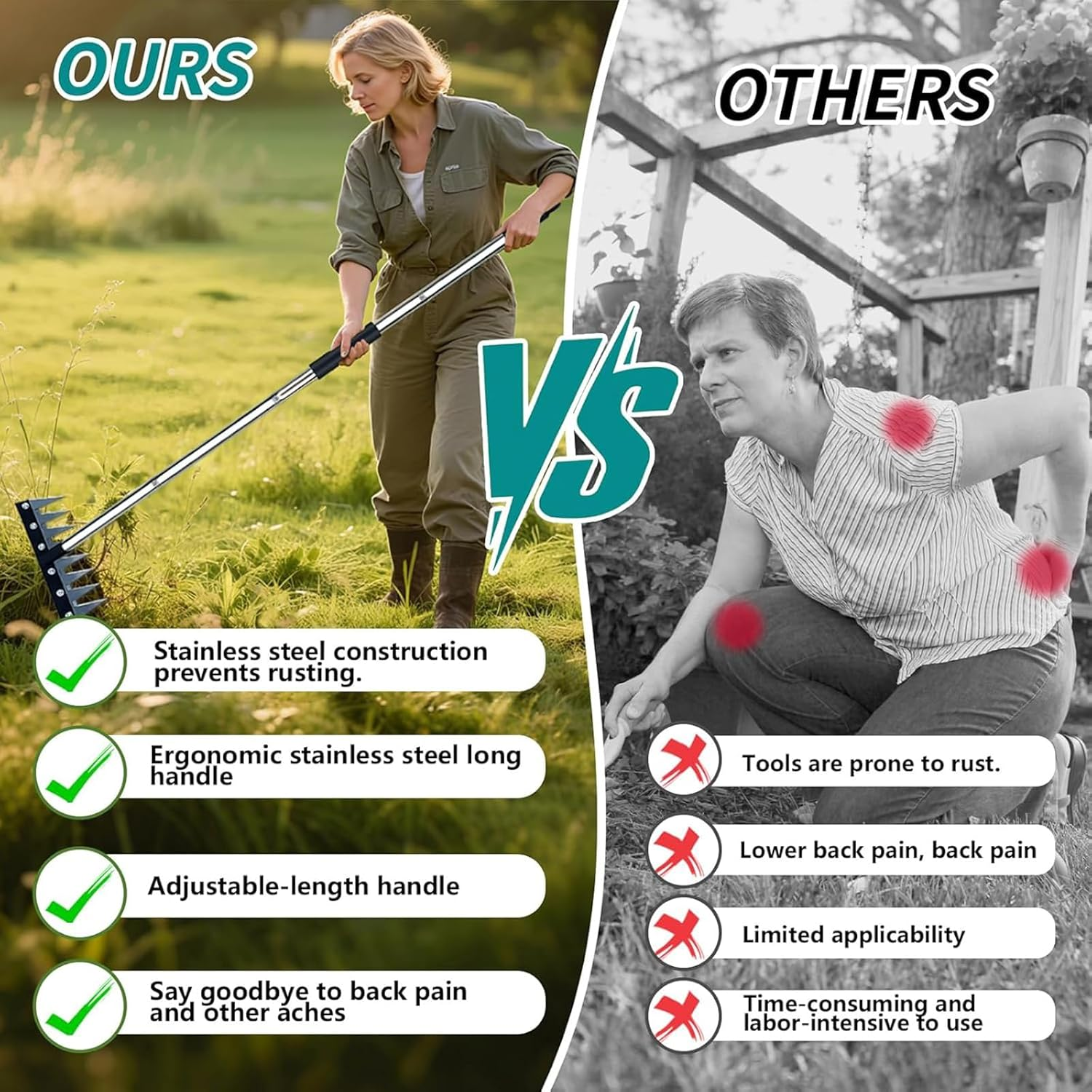 Iron Weeding Rake with Long Handle,Heavy Duty Weed Rake Tool for Garden Removing Weeds, Loosening Soil, Cleaning Flower Beds, Pine Needles & Lawn Prep image number 4