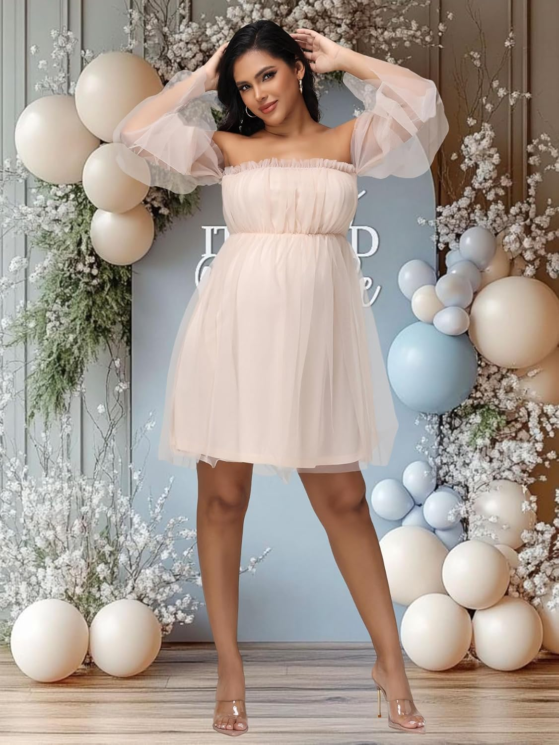 Justvh Women'S Maternity off Shoulder Ruffle Sleeves Mesh Baby Shower Dress for Photoshoot Party Mini Short Gown image number 6