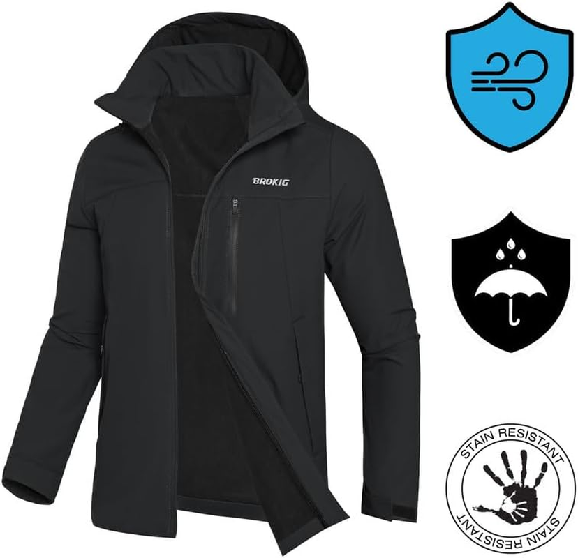 BROKIG Mens 3PT Hiking Softshell Jacket,Windbreak Waterproof Casual Functional Traveling Walking Coat Outdoor Jacket with Hood Zipped Pockets image number 5