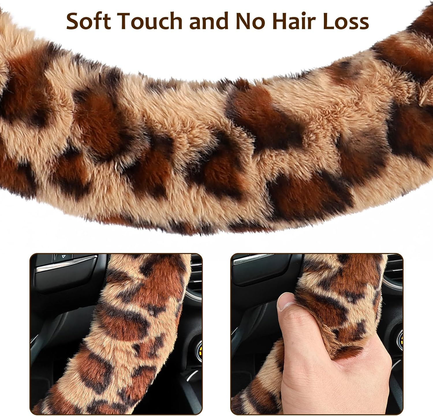 Accmor Fuzzy Car Steering Wheel Cover, Universal Fit Fur Auto Wheel Cover & Handbrake Cover & Gear Shift Cover Set, Leopard Warm Fluffy Vehicle Wheel Protector Car Accessories for Men Women (Brown) image number 4