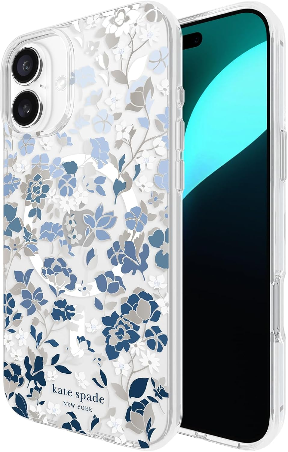 Kate Spade New York Iphone 16 plus Case - Compatible with Magsafe - Designer Phone Case - Flowerbed Blue Gems