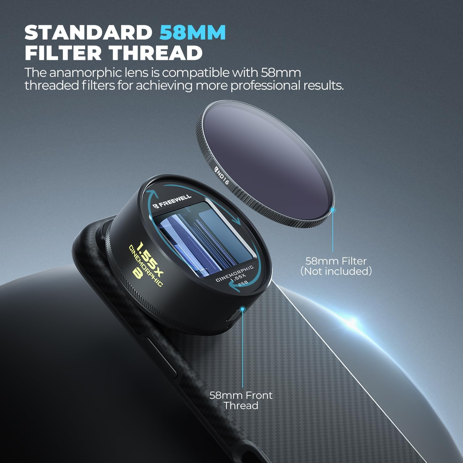 Freewell 1.55X Neutral Streak Anamorphic Lens Compatible with 17Mm Mount Iphone & Samsung - Cinematic Bokeh, Smooth Streak Effect, Easy Installation image number 2