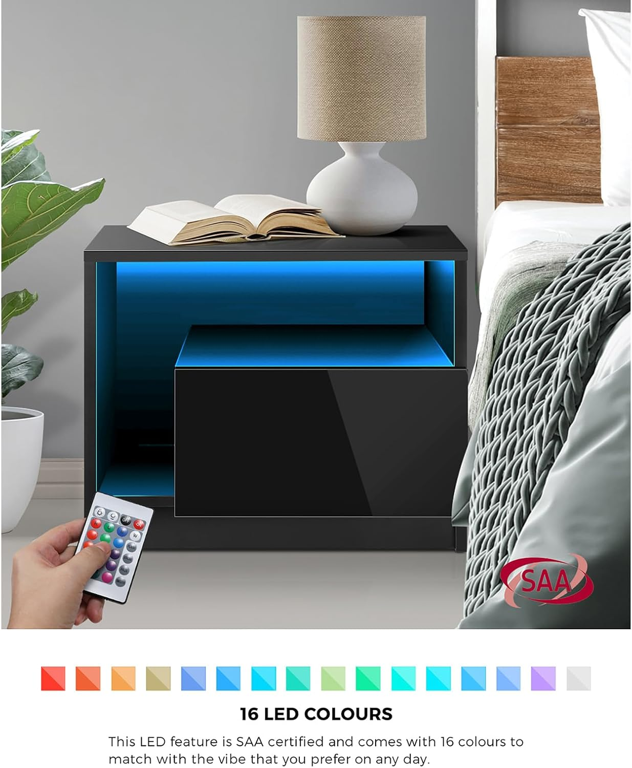 Oikiture LED Bedside Table High Gross Nightstand Drawer Home Furniture Black image number 6