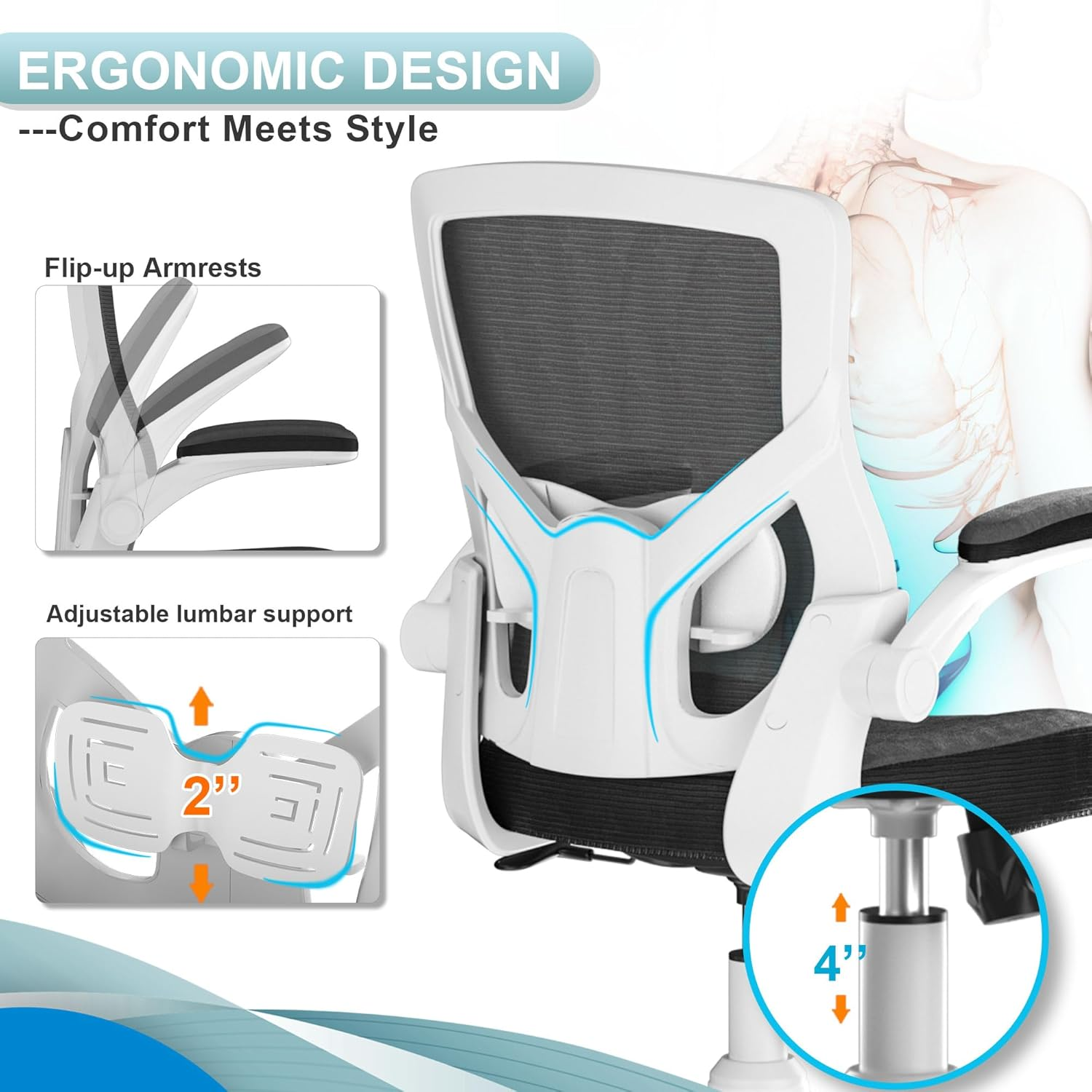 CYKOV Ergonomic Office Chair - Adjustable High Back Desk Chair with Lumbar Support, Flip-Up Armrests & Swivel Base for Home Office, Computer Desk, and Executive Workspaces (Modern, Black-White Frame) - Beige image number 4