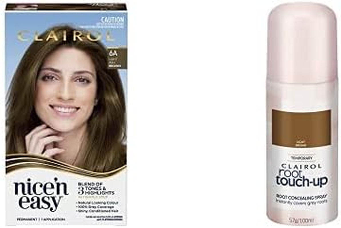 Clairol Hair Colour Bundle: Clairol Nice'N Easy 6A Natural Light Ash Brown + Root Touch up Root Concealing Spray - Light Brown, for Brown Hair