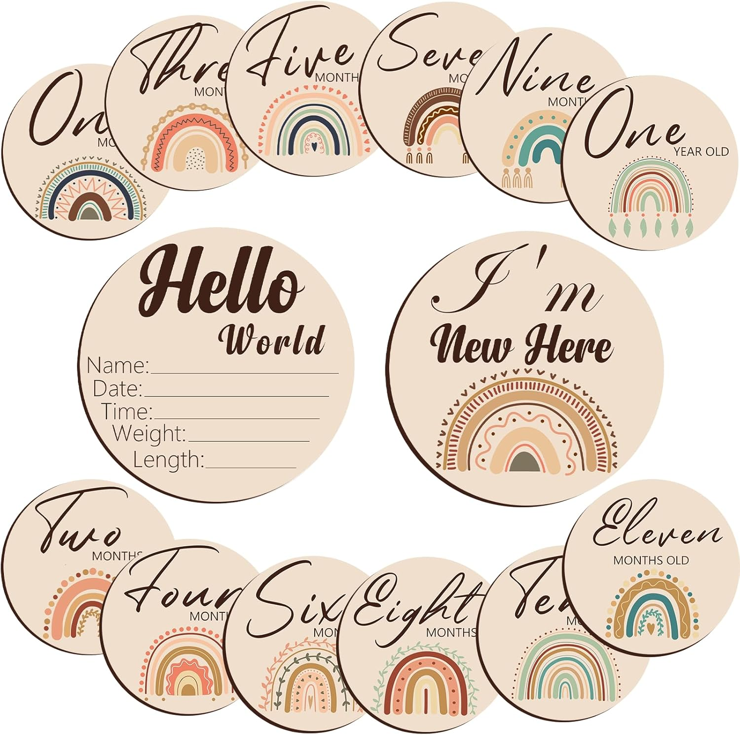 Baby Monthly Milestone,Beautiful Baby Milestone Signs-7 Double Sided Marker Wooden Circles Discs Newborn Photography Prop, Pregnancy Journey Birth Announcement Sign Baby Boy and Girl Gift Sets
