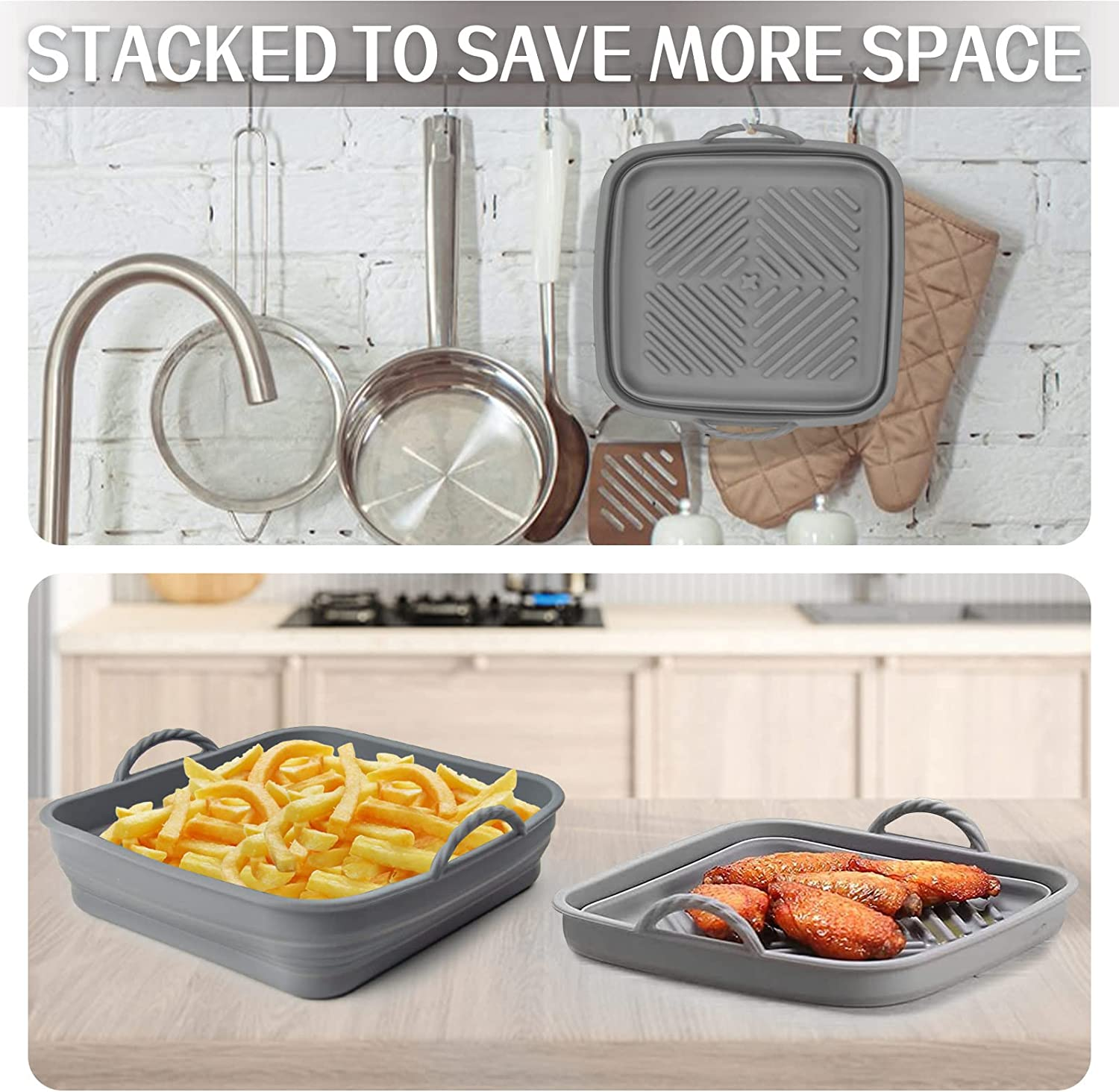 2 Pack 8.5Inch Air Fryer Silicone Liners Square Foldable, Non-Stick Air Fryer Silicone Baking Tray, Heat Resistant Air Fryer Silicone Basket for 5 to 8 QT Air Fryer Oven Microwave Accessories image number 2