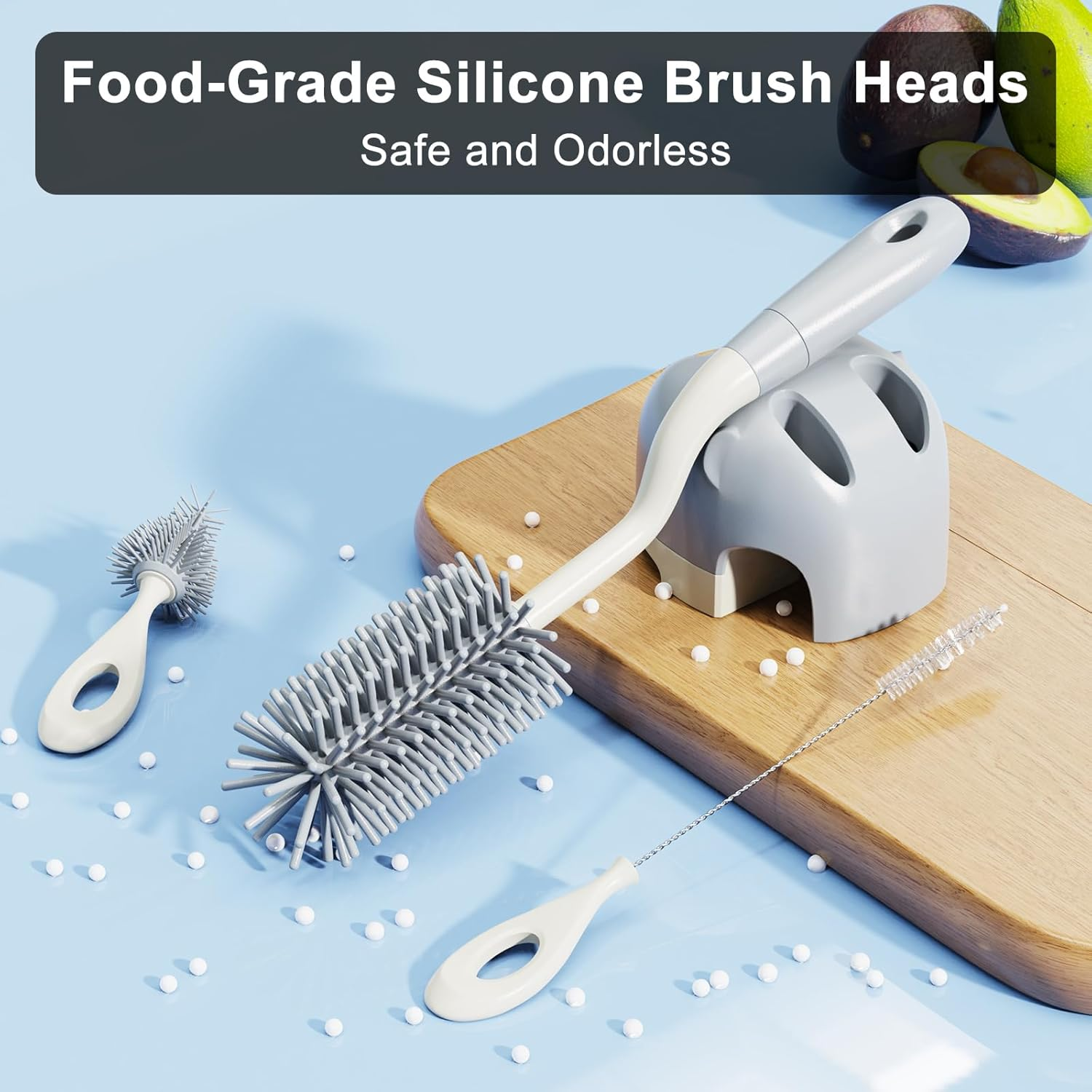 Silicone Bottle Brush Set with Stand, 360&deg; Rotating Bottle Cleaning Brush Cleaner Set, Long Handle 3 in 1 Multipurpose Silicone Baby Bottle Straw Cleaner Brush (Grey) - Green-Orange image number 7