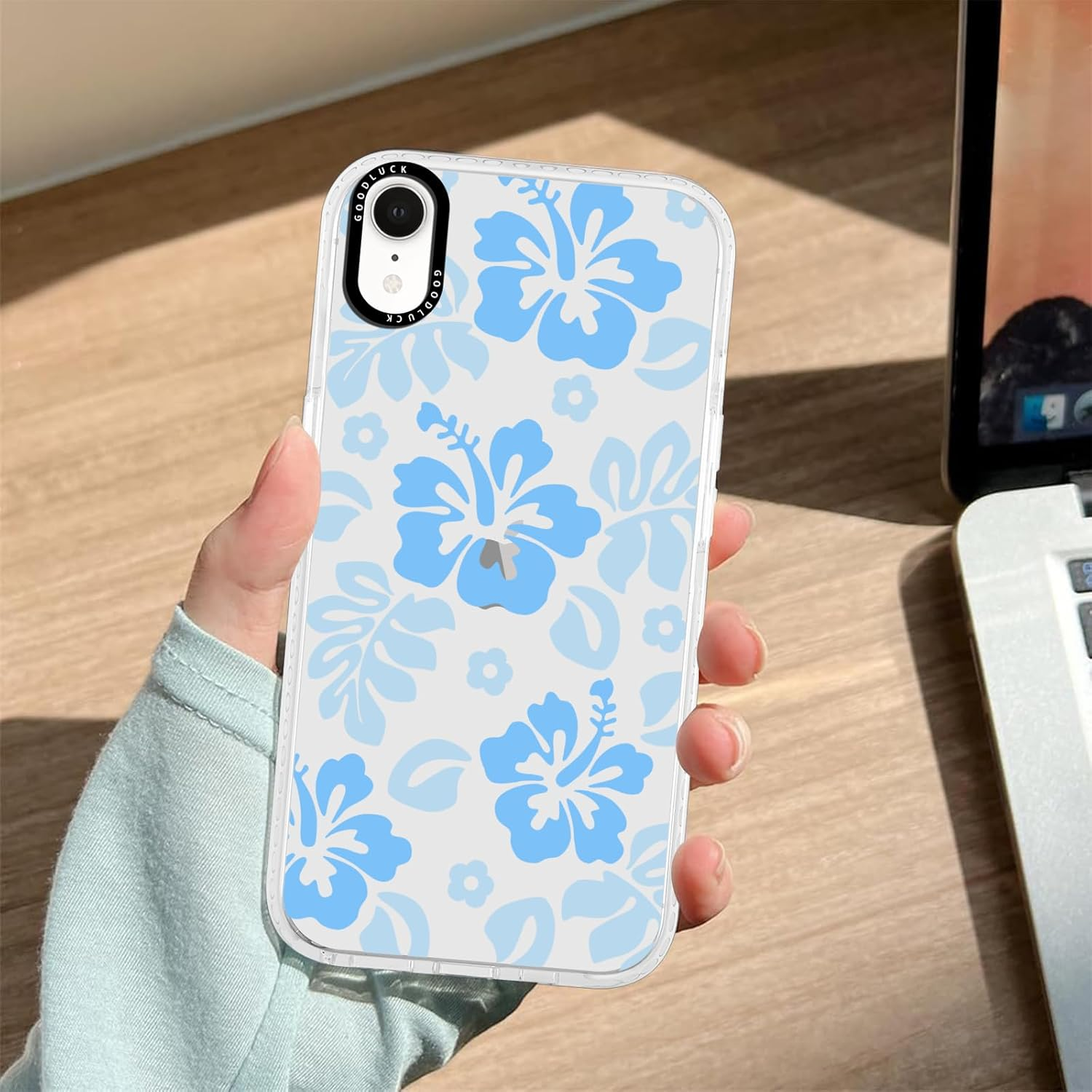 RUMDEY Clear Hibiscus Flower Case for Iphone XR 6.1", Cute Preppy Floral Crystal Pattern Aesthetic Design Soft Slim Anti-Yellow Protective Shockproof TPU Phone Cover for Women Girls - Blue image number 6