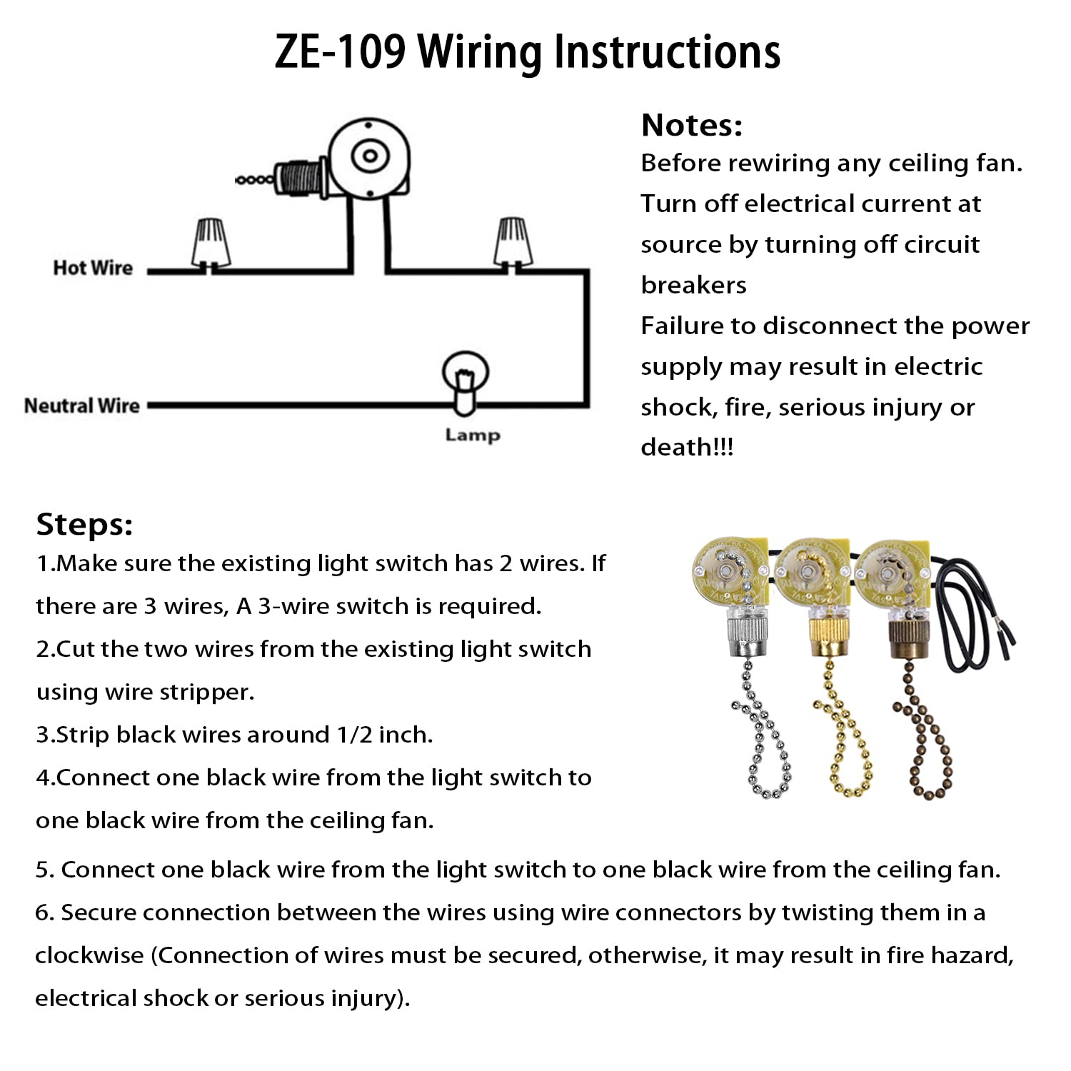 Akahttbn Ceiling Fan Light Switch Zing Ear ZE-109 Two Wire Light Switch Ceiling Light Fans Pull Chain Switch Control Switch for Lamps and Wall Lights, 2 Pieces Bronze image number 3